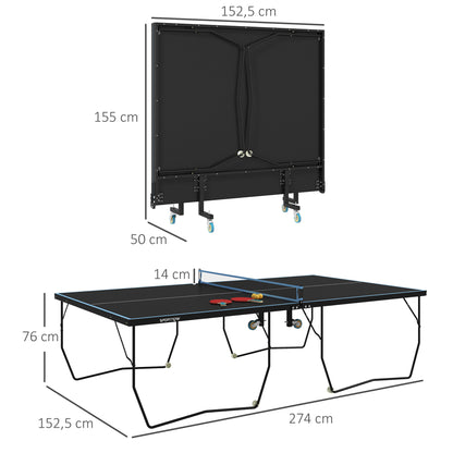 SPORTNOW Table Tennis Table, Folding Table Tennis with Net, Wheels, 2 Table Tennis Rackets, and 3 Balls, Steel, Black, 274 x 152.5 x 76 cm