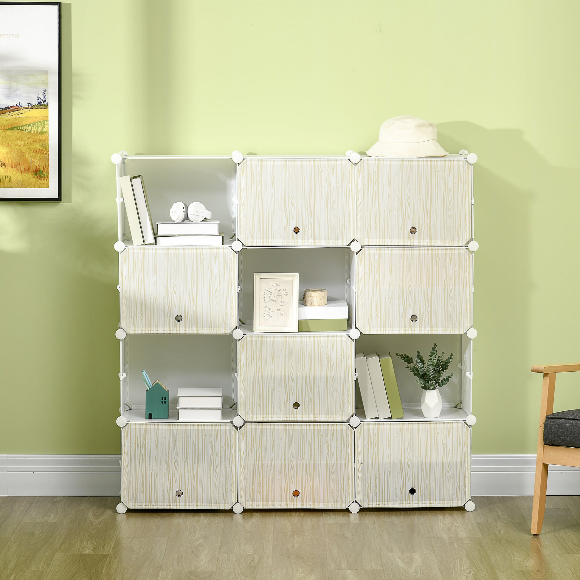 Modular Plastic Shoe Box Storage with 12 Cubes Shoe Organizer for Entryway Hallway Bedroom 125x32x125 cm White and Natural