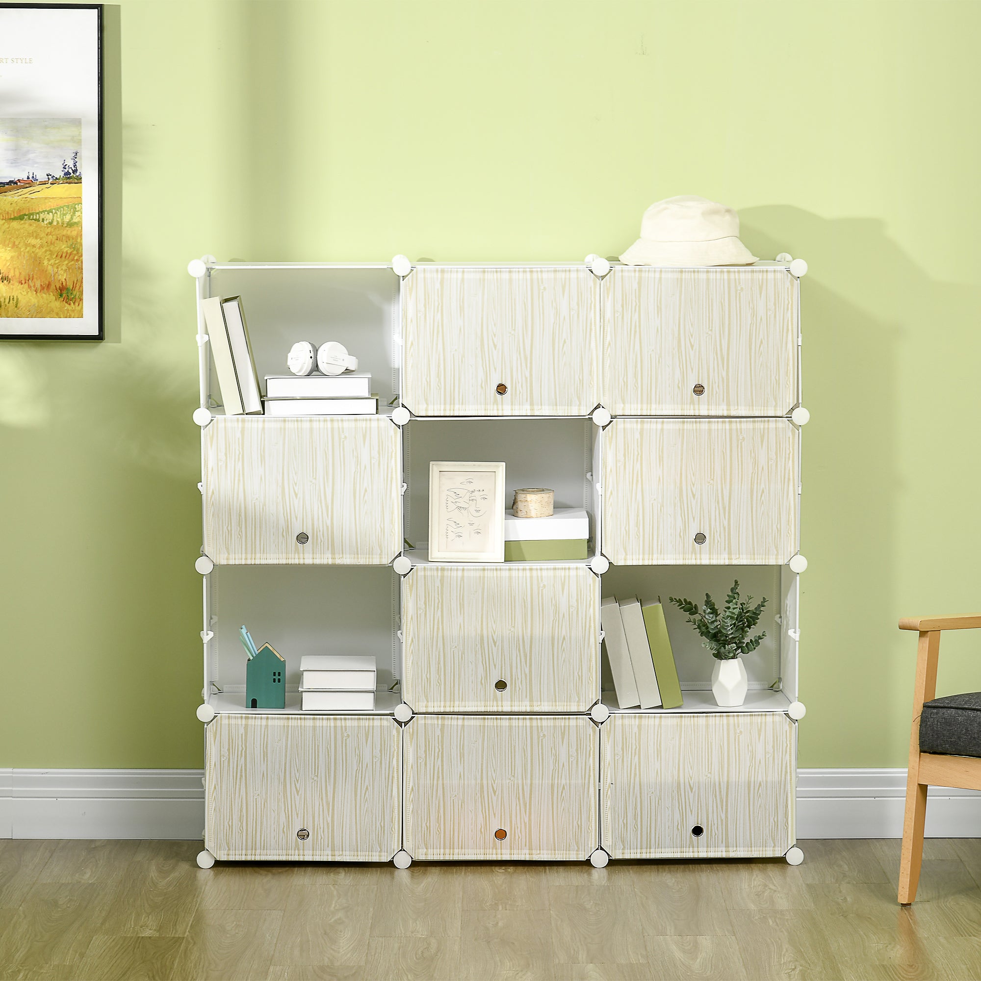 Modular Plastic Shoe Box Storage with 12 Cubes Shoe Organizer for Entryway Hallway Bedroom 125x32x125 cm White and Natural