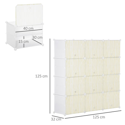 Modular Plastic Shoe Box Storage with 12 Cubes Shoe Organizer for Entryway Hallway Bedroom 125x32x125 cm White and Natural