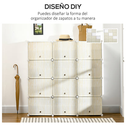 Modular Plastic Shoe Box Storage with 12 Cubes Shoe Organizer for Entryway Hallway Bedroom 125x32x125 cm White and Natural