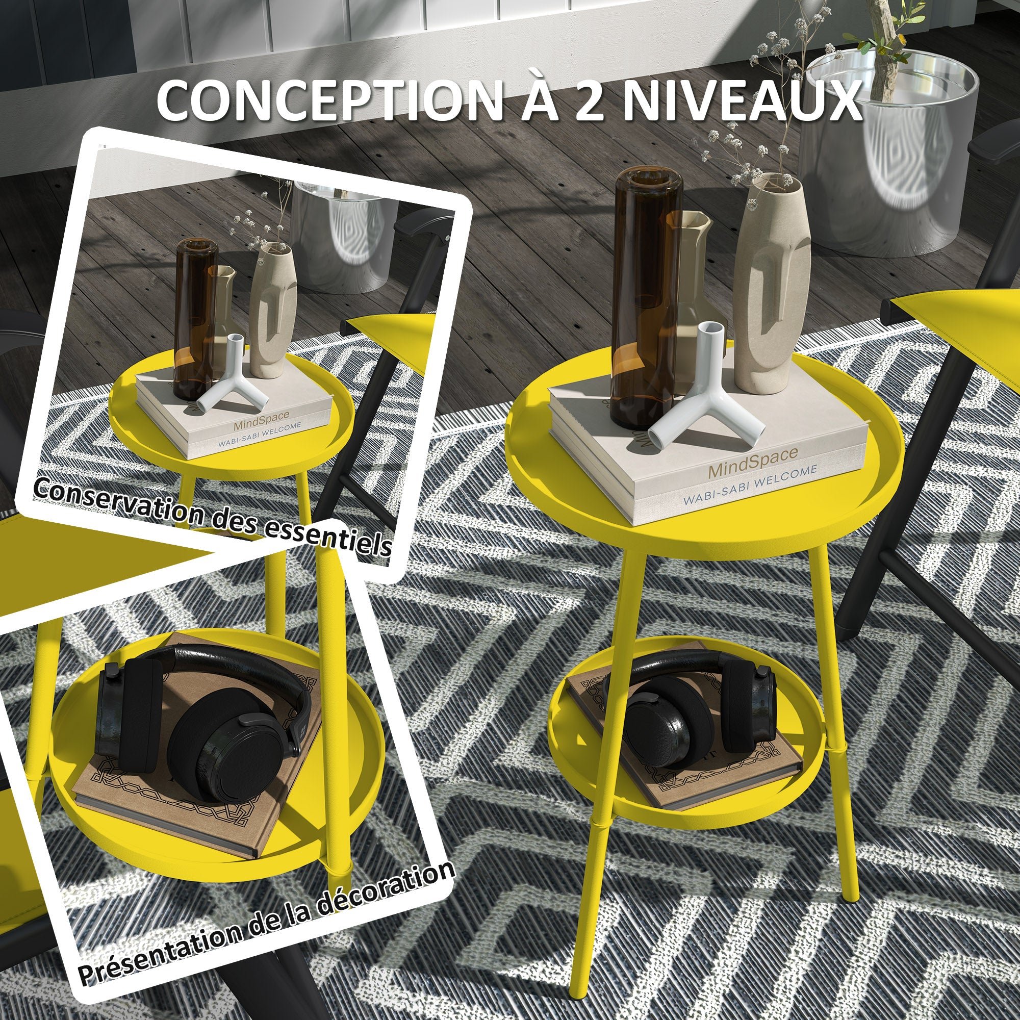 Small Two-Tier Round Side Table, Garden Table, for Patio, Living Room, Balcony, Metal, Yellow