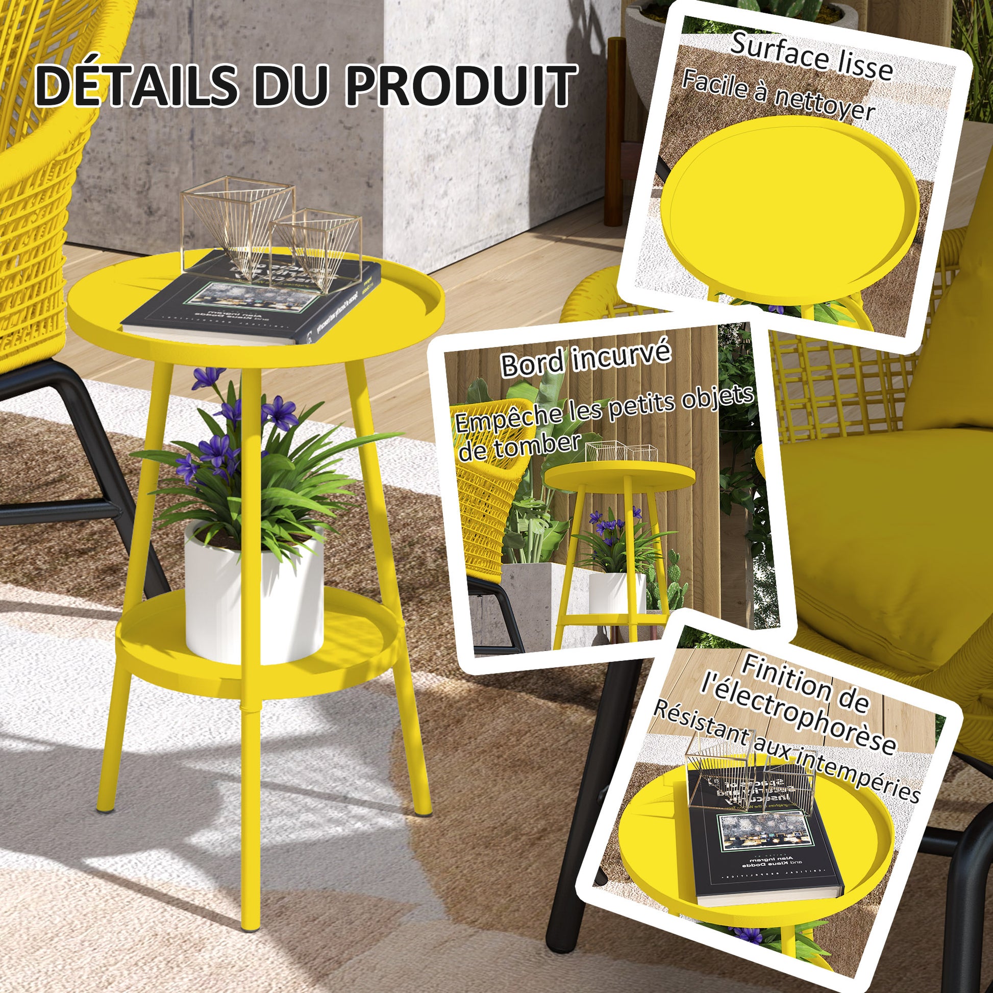 Small Two-Tier Round Side Table, Garden Table, for Patio, Living Room, Balcony, Metal, Yellow