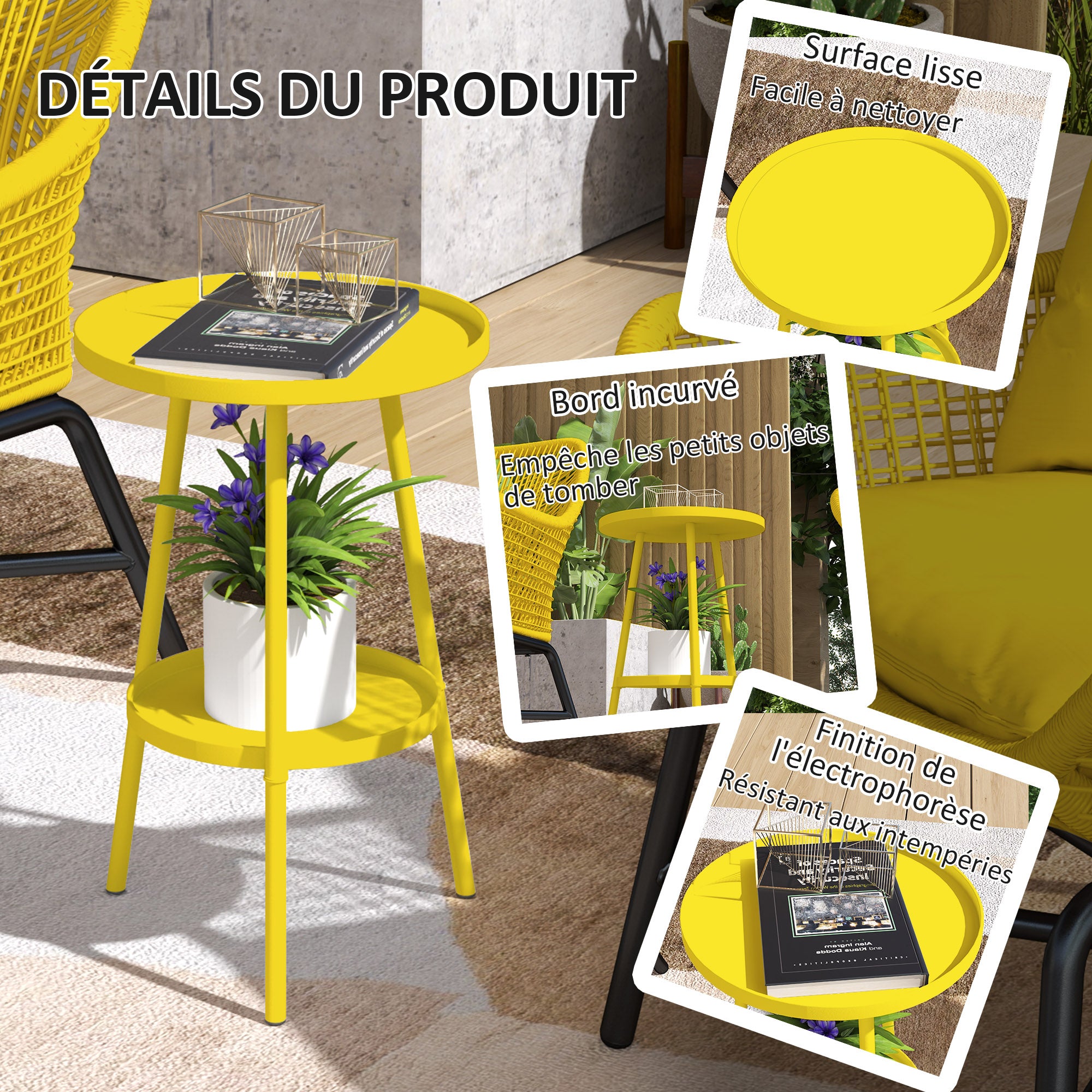 Small Two-Tier Round Side Table, Garden Table, for Patio, Living Room, Balcony, Metal, Yellow