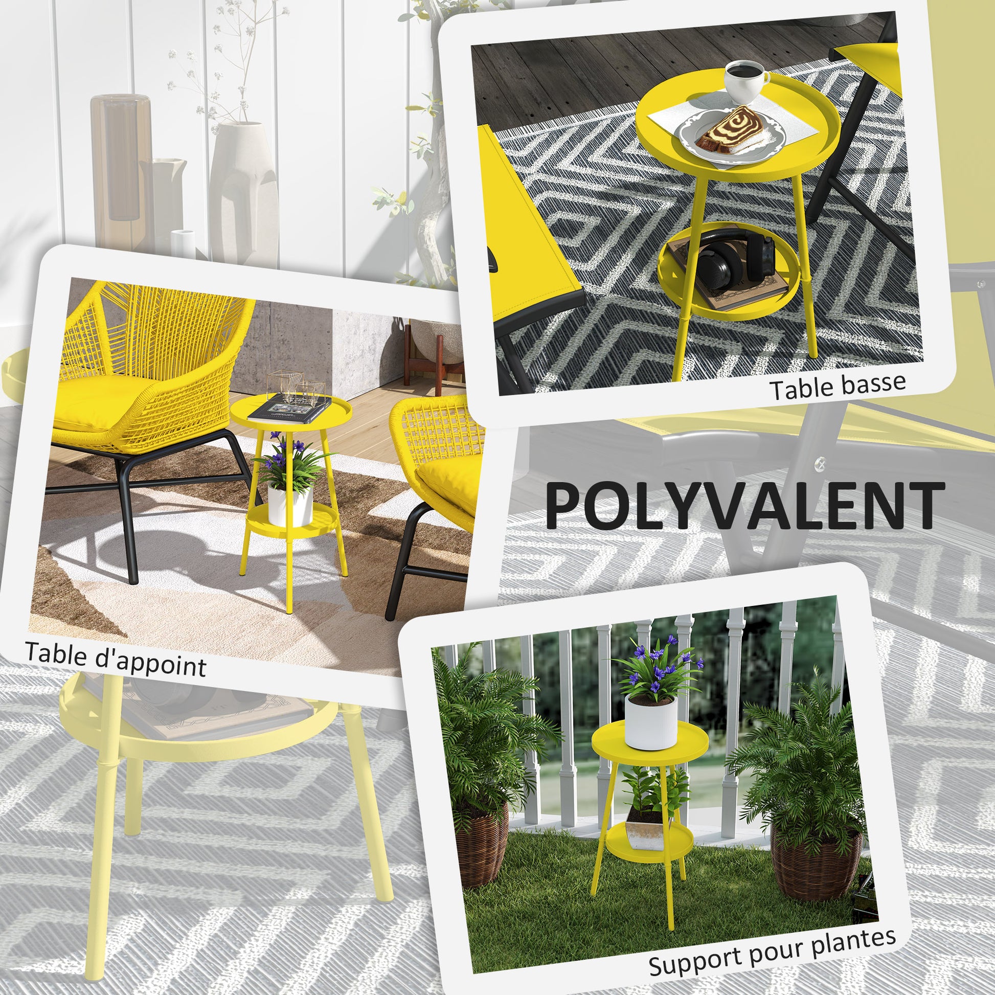 Small Two-Tier Round Side Table, Garden Table, for Patio, Living Room, Balcony, Metal, Yellow