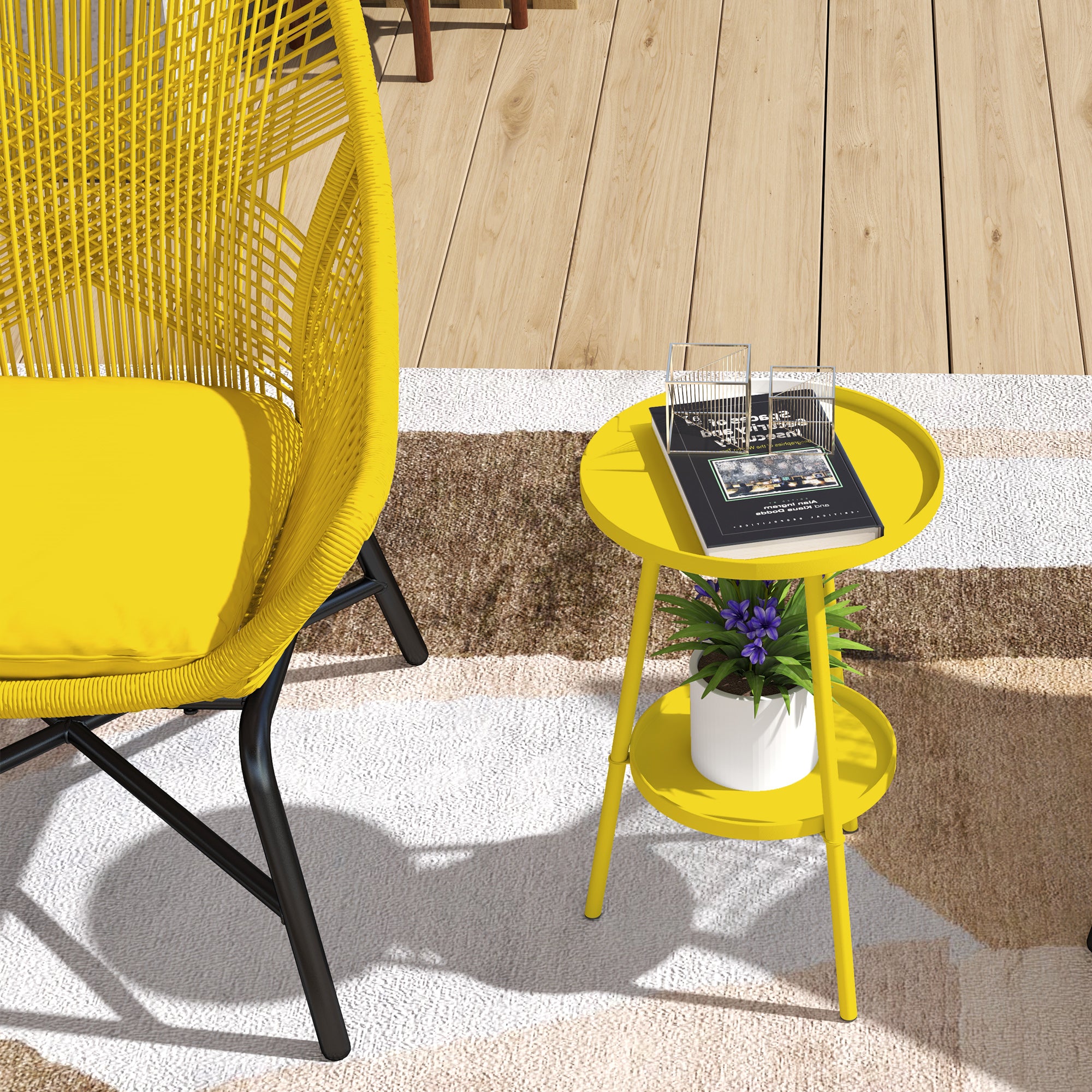 Small Two-Tier Round Side Table, Garden Table, for Patio, Living Room, Balcony, Metal, Yellow