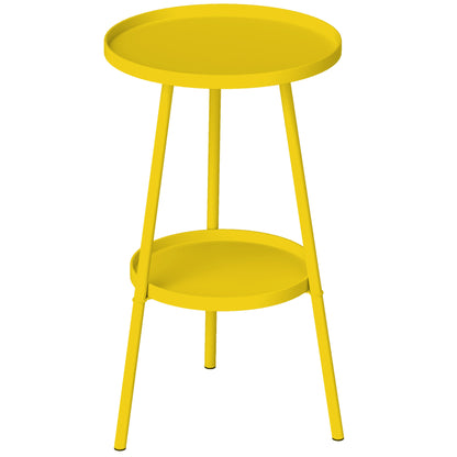 Small Two-Tier Round Side Table, Garden Table, for Patio, Living Room, Balcony, Metal, Yellow