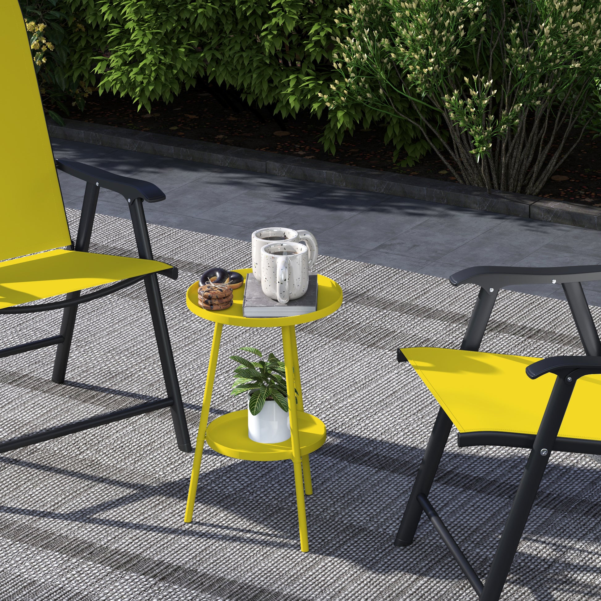 Small Two-Tier Round Side Table, Garden Table, for Patio, Living Room, Balcony, Metal, Yellow