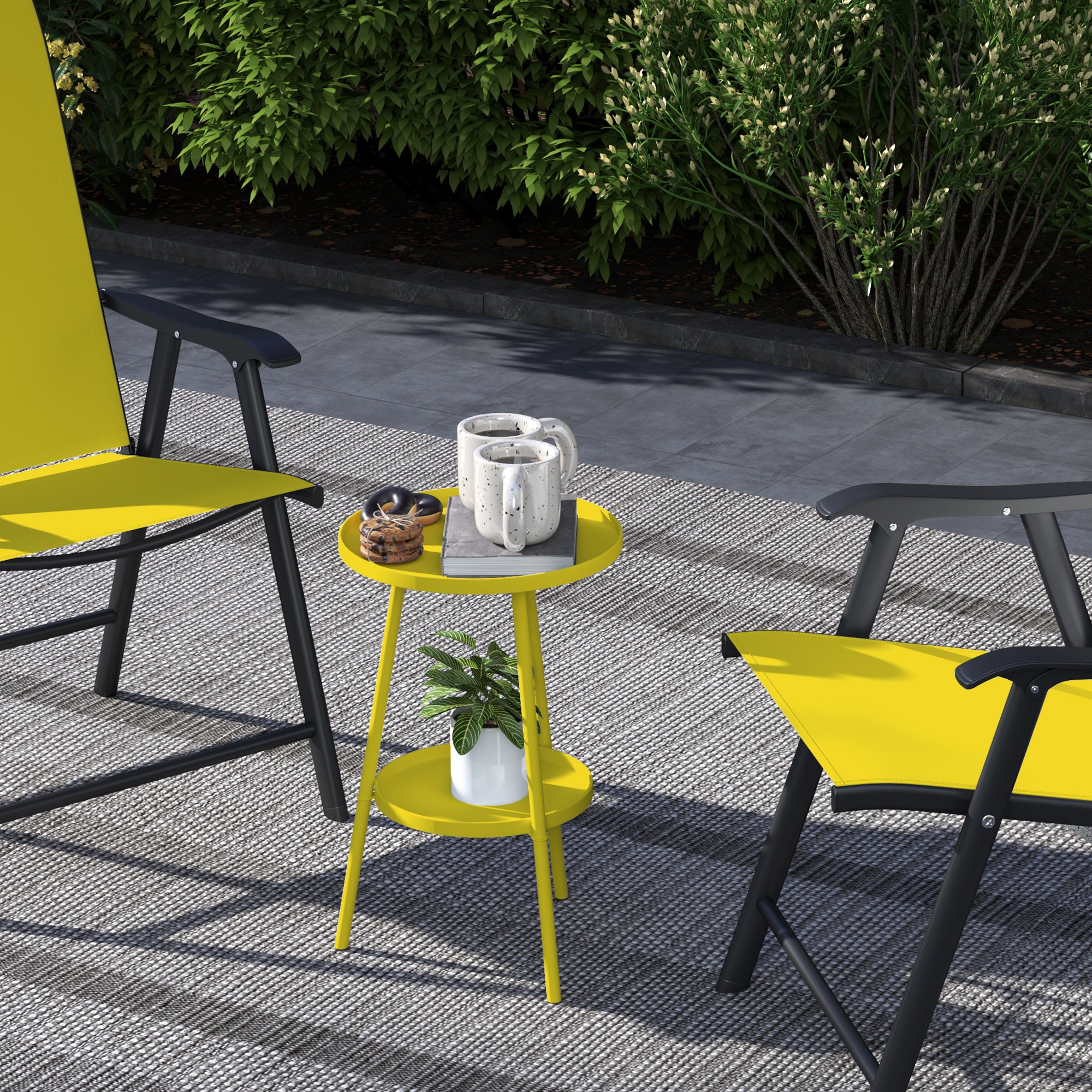 Small Two-Tier Round Side Table, Garden Table, for Patio, Living Room, Balcony, Metal, Yellow