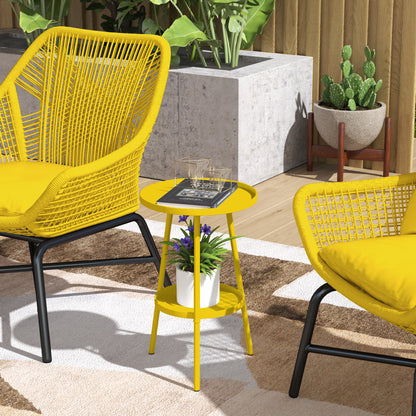 Small Two-Tier Round Side Table, Garden Table, for Patio, Living Room, Balcony, Metal, Yellow