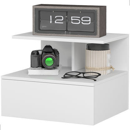 Floating Nightstand Bedside Table with Drawer, Open Compartment, Nightstand Bedside Table for Bedroom, Living Room, White, 39.8 x 35 x 31.6 cm