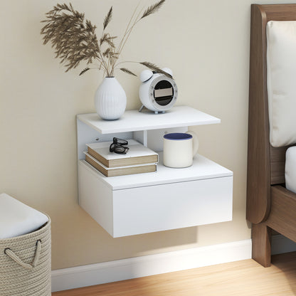 Floating Nightstand Bedside Table with Drawer, Open Compartment, Nightstand Bedside Table for Bedroom, Living Room, White, 39.8 x 35 x 31.6 cm