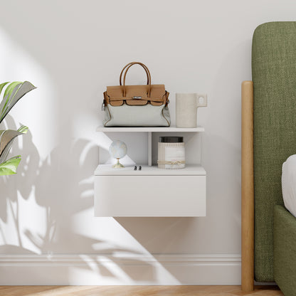 Floating Nightstand Bedside Table with Drawer, Open Compartment, Nightstand Bedside Table for Bedroom, Living Room, White, 39.8 x 35 x 31.6 cm