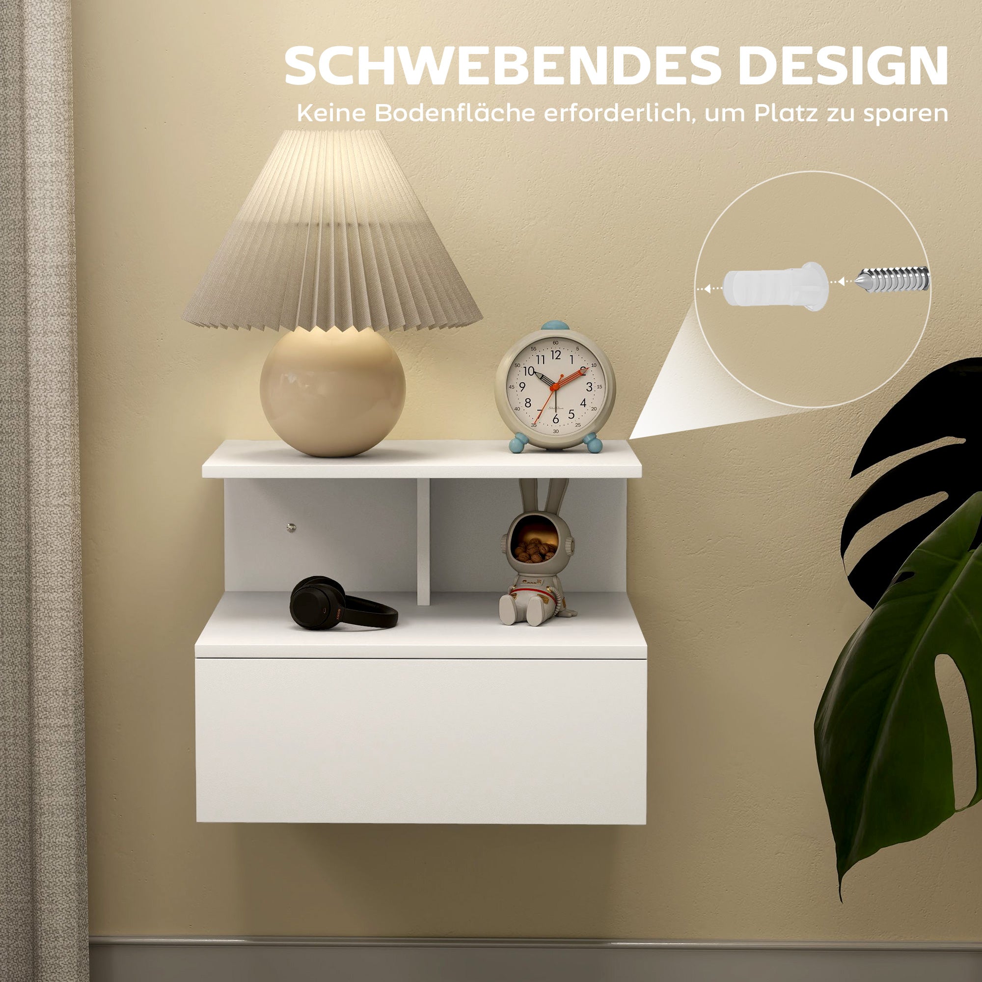 Floating Nightstand Bedside Table with Drawer, Open Compartment, Nightstand Bedside Table for Bedroom, Living Room, White, 39.8 x 35 x 31.6 cm