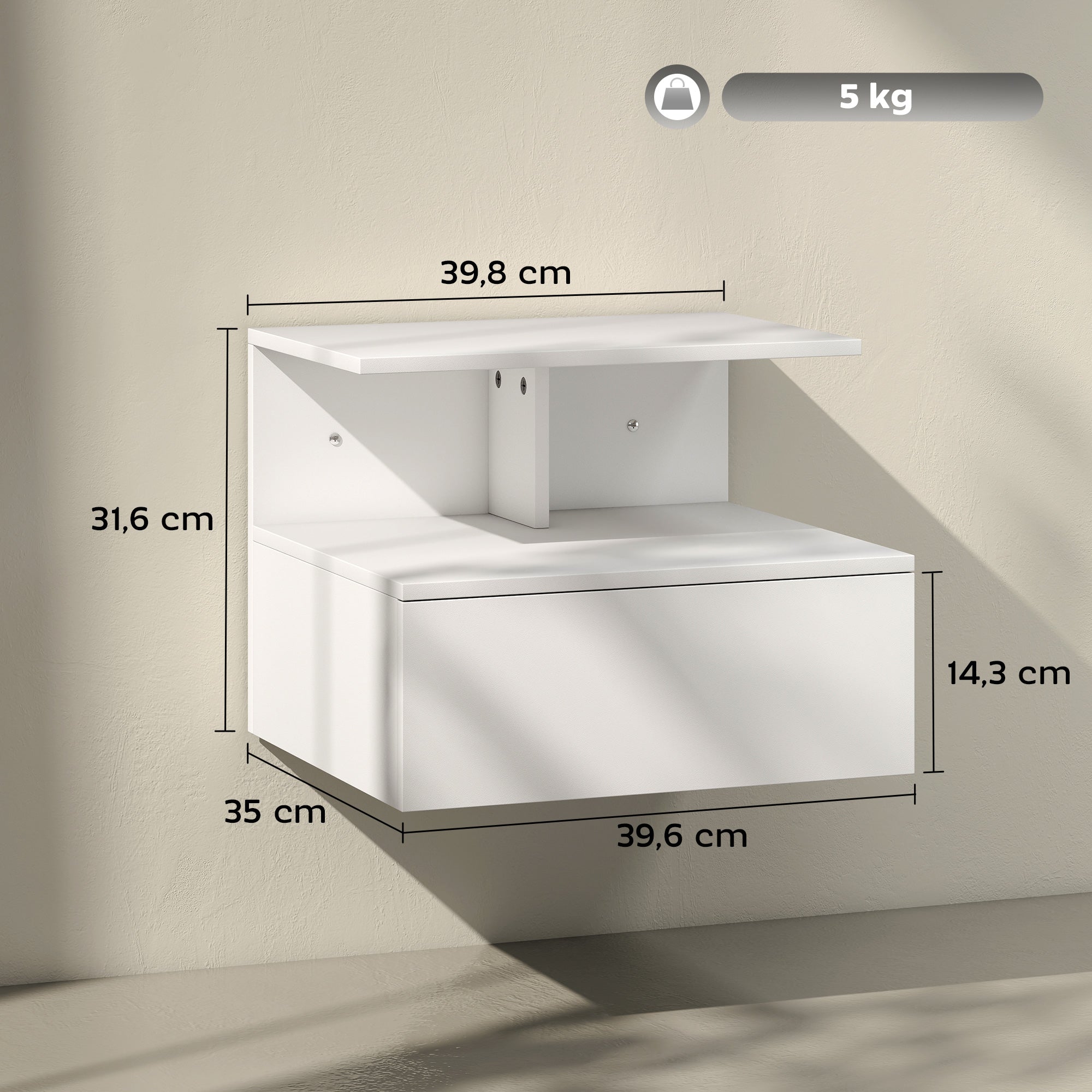 Floating Nightstand Bedside Table with Drawer, Open Compartment, Nightstand Bedside Table for Bedroom, Living Room, White, 39.8 x 35 x 31.6 cm