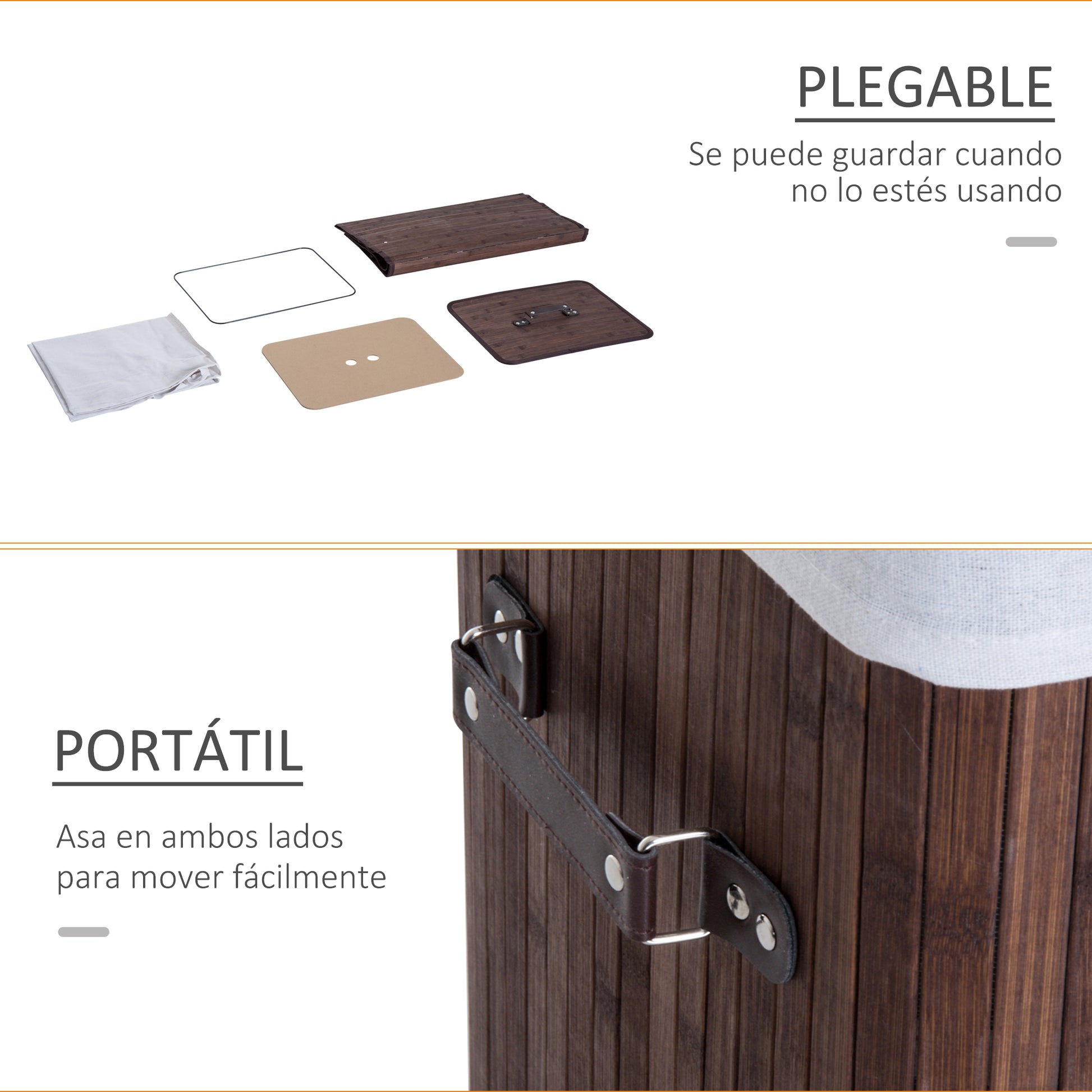Bamboo Foldable Laundry Hamper with Lid, Handles, and Removable Bag for Bathroom 40x30x60 cm Brown