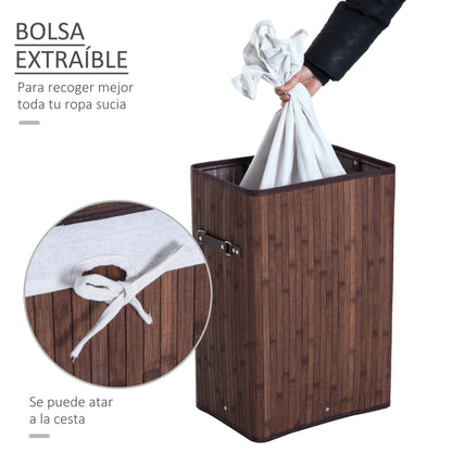 Bamboo Foldable Laundry Hamper with Lid, Handles, and Removable Bag for Bathroom 40x30x60 cm Brown