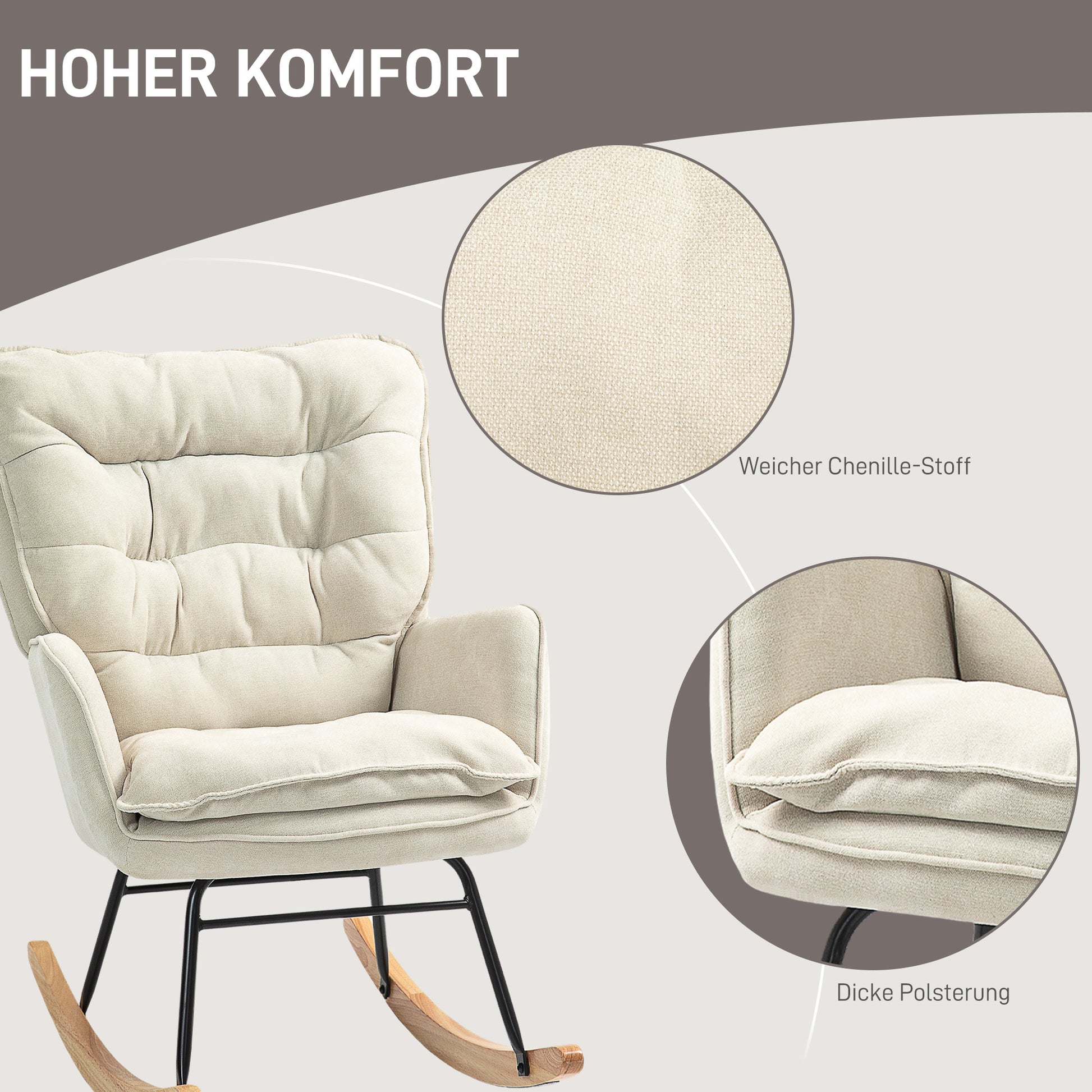 Rocking Chair Rocker Armchair, Nursing Chair with Chenille Look, Rocking Chair up to 120 kg Capacity for Bedroom, Living Room, Beige
