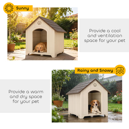 Raised Outdoor Dog House for Medium & Large Dogs — Sloped Roof, Ventilation & Ground Pegs, PP, 34.6 x 30.7 x 35.0 in (Beige/Dark Brown)