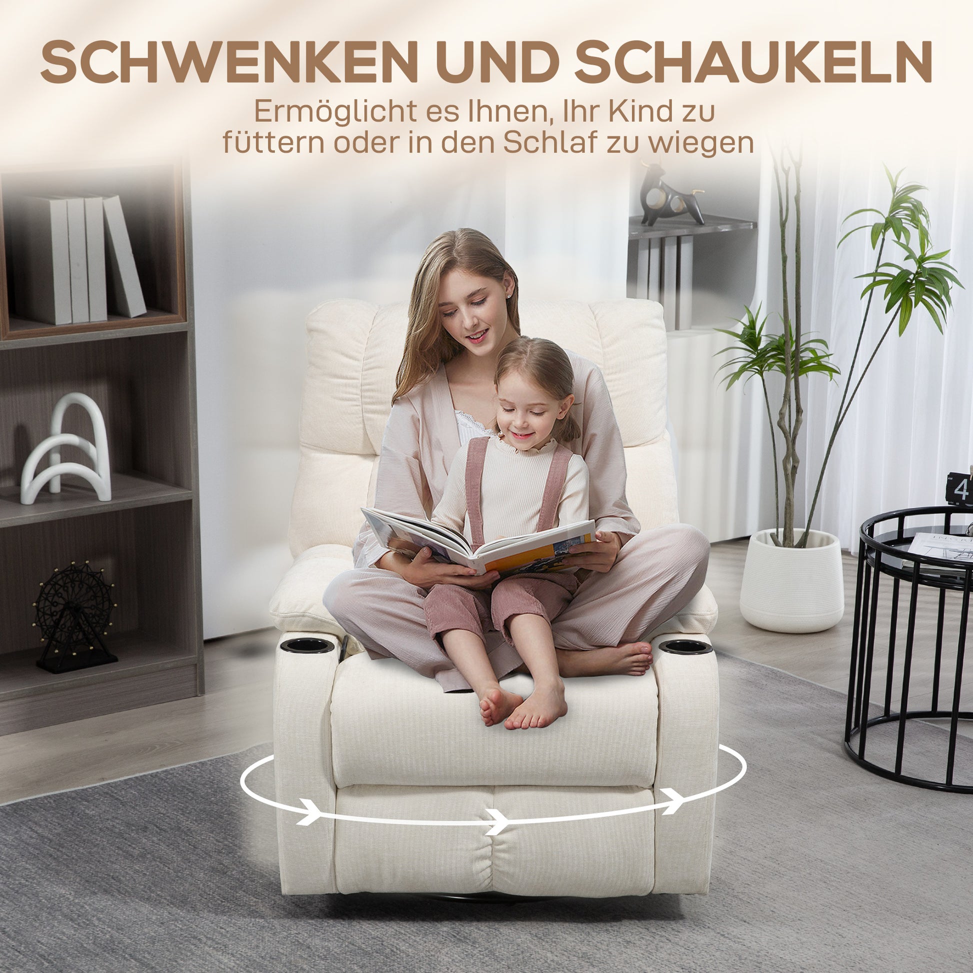 Recliner Armchair with Reclining Function, Rocking Function, Swivel TV Chair with Footrest, Pocket Spring Core, and Cup Holder, for Living Room, Beige
