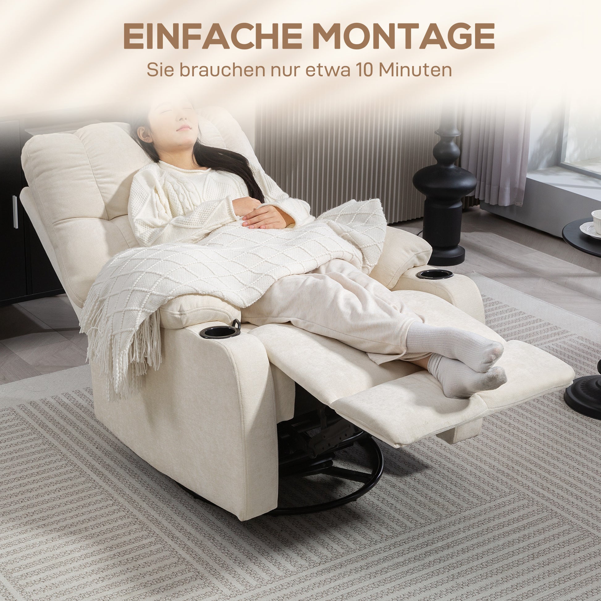 Recliner Armchair with Reclining Function, Rocking Function, Swivel TV Chair with Footrest, Pocket Spring Core, and Cup Holder, for Living Room, Beige
