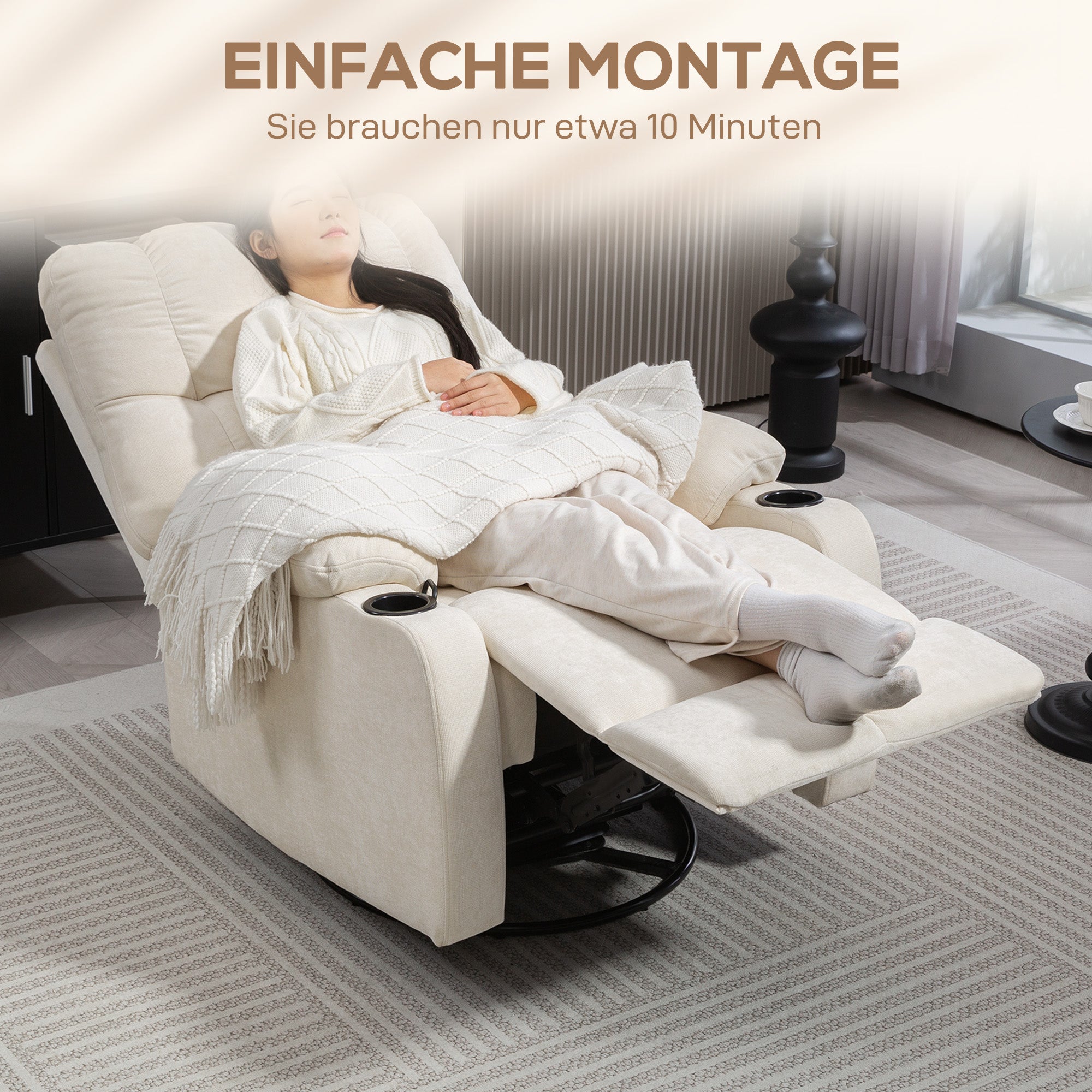Recliner Armchair with Reclining Function, Rocking Function, Swivel TV Chair with Footrest, Pocket Spring Core, and Cup Holder, for Living Room, Beige
