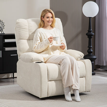 Recliner Armchair with Reclining Function, Rocking Function, Swivel TV Chair with Footrest, Pocket Spring Core, and Cup Holder, for Living Room, Beige