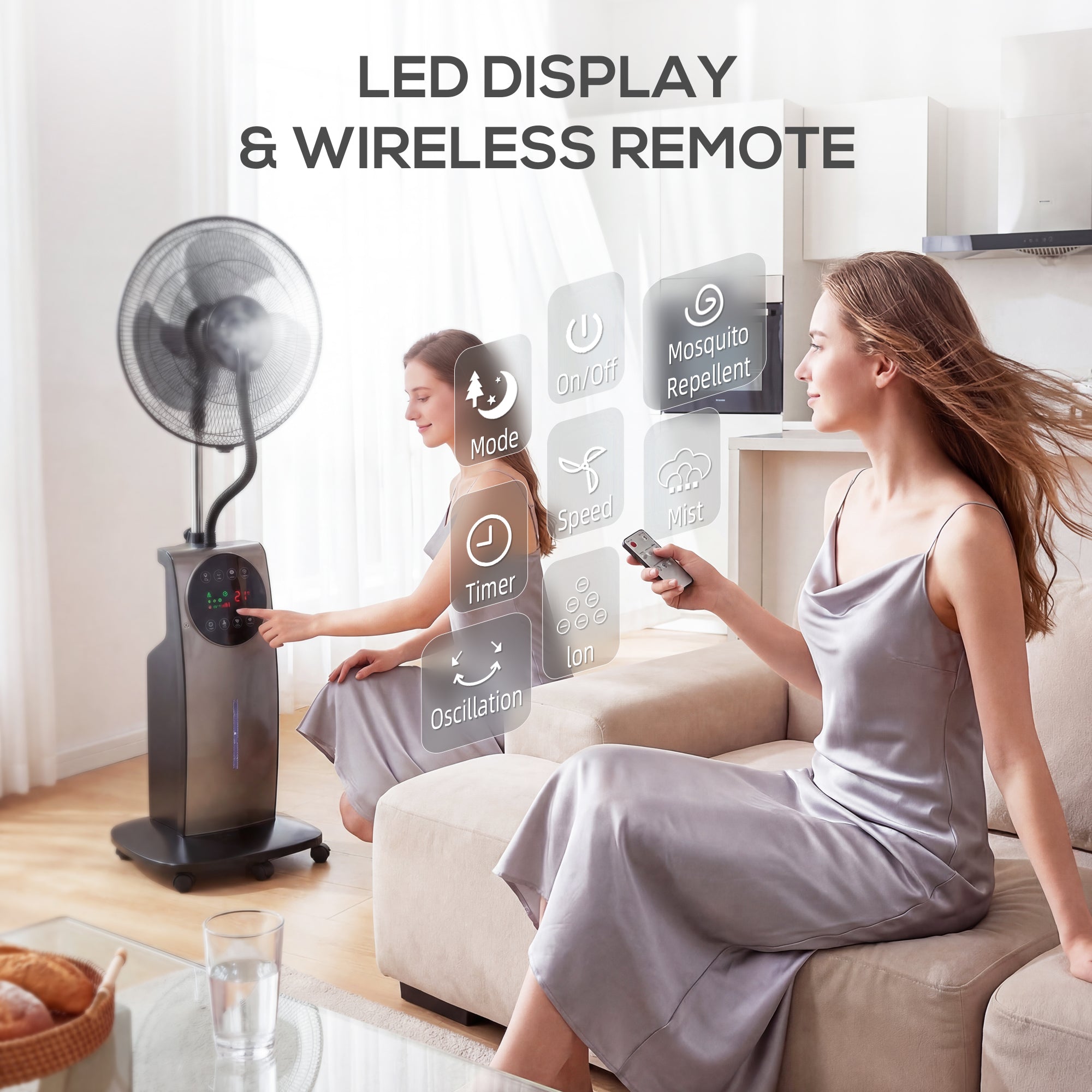 3‑in‑1 Misting Pedestal Fan, 90W, 54.3" Height, 70° Oscillation, 3 Speeds, 3 Modes, Negative Ion, Anti‑Mosquito, 3.1L Tank, Remote & 12H Timer