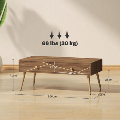 Coffee Table Low Table for Living Room with 2 Drawers and Steel Legs for Bedroom 100x50x41 cm Brown