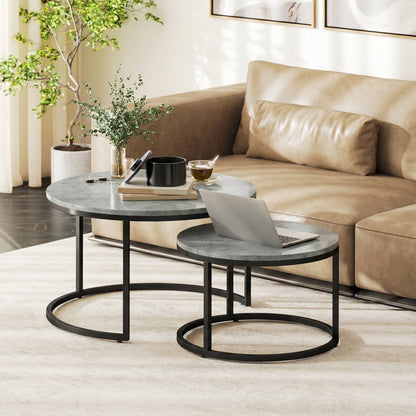 2-Piece Round Nesting Coffee Table Set, Cement-Look Top with Metal Frame — 30.9 x 30.9 x 18.3 in (78.5 x 78.5 x 46.5 cm), Gray
