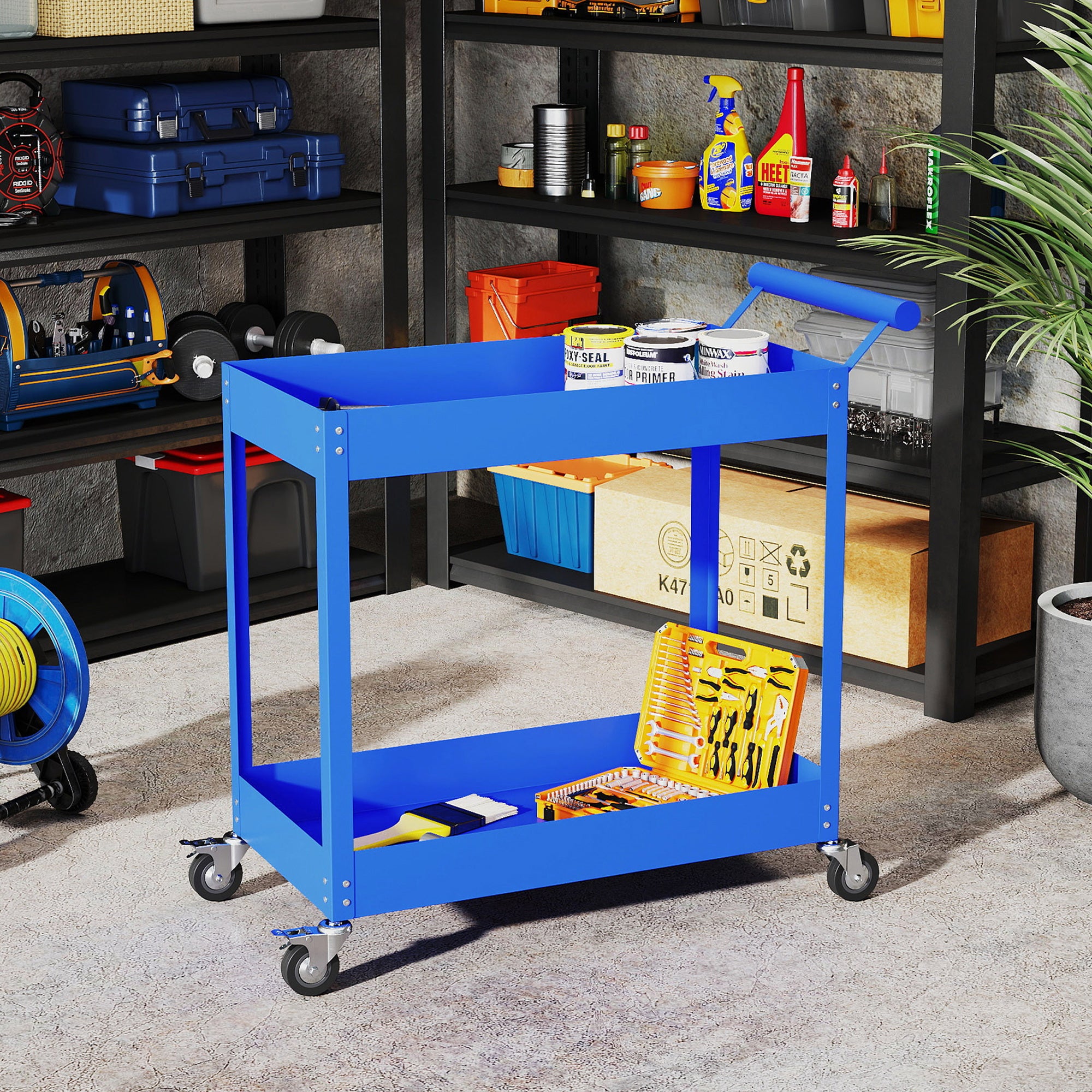 2-Tier Workshop Trolley Tool Cart with Side Handle & Locking Wheels — 330 lb Capacity, 33.3 x 15.0 x 33.1 in, Blue