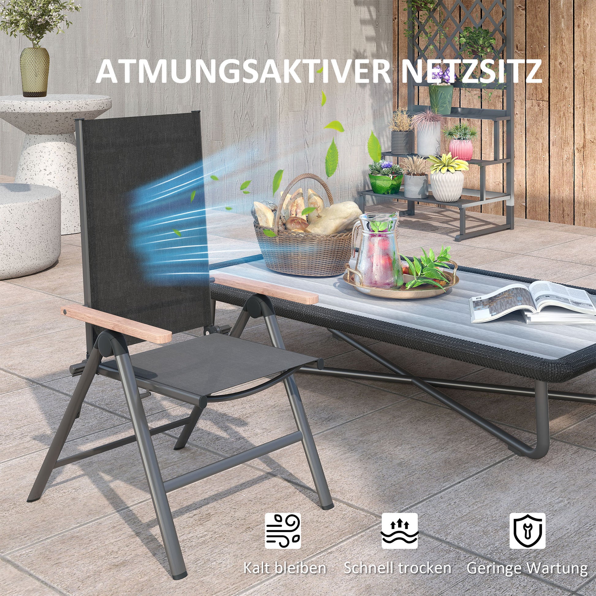 Steel Folding Garden Chair with Armrests, Foldable Balcony Chair Camping Chair 120kg Load Capacity High Backrest Terrace Chair for Garden, Balcony, 60 x 73 x 108cm Black