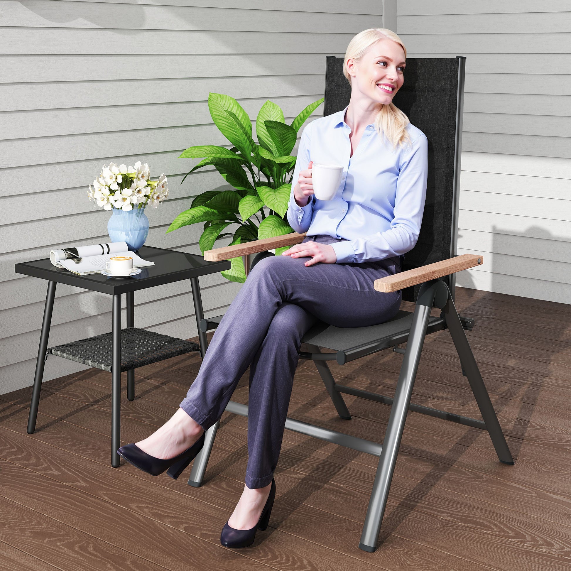 Steel Folding Garden Chair with Armrests, Foldable Balcony Chair Camping Chair 120kg Load Capacity High Backrest Terrace Chair for Garden, Balcony, 60 x 73 x 108cm Black