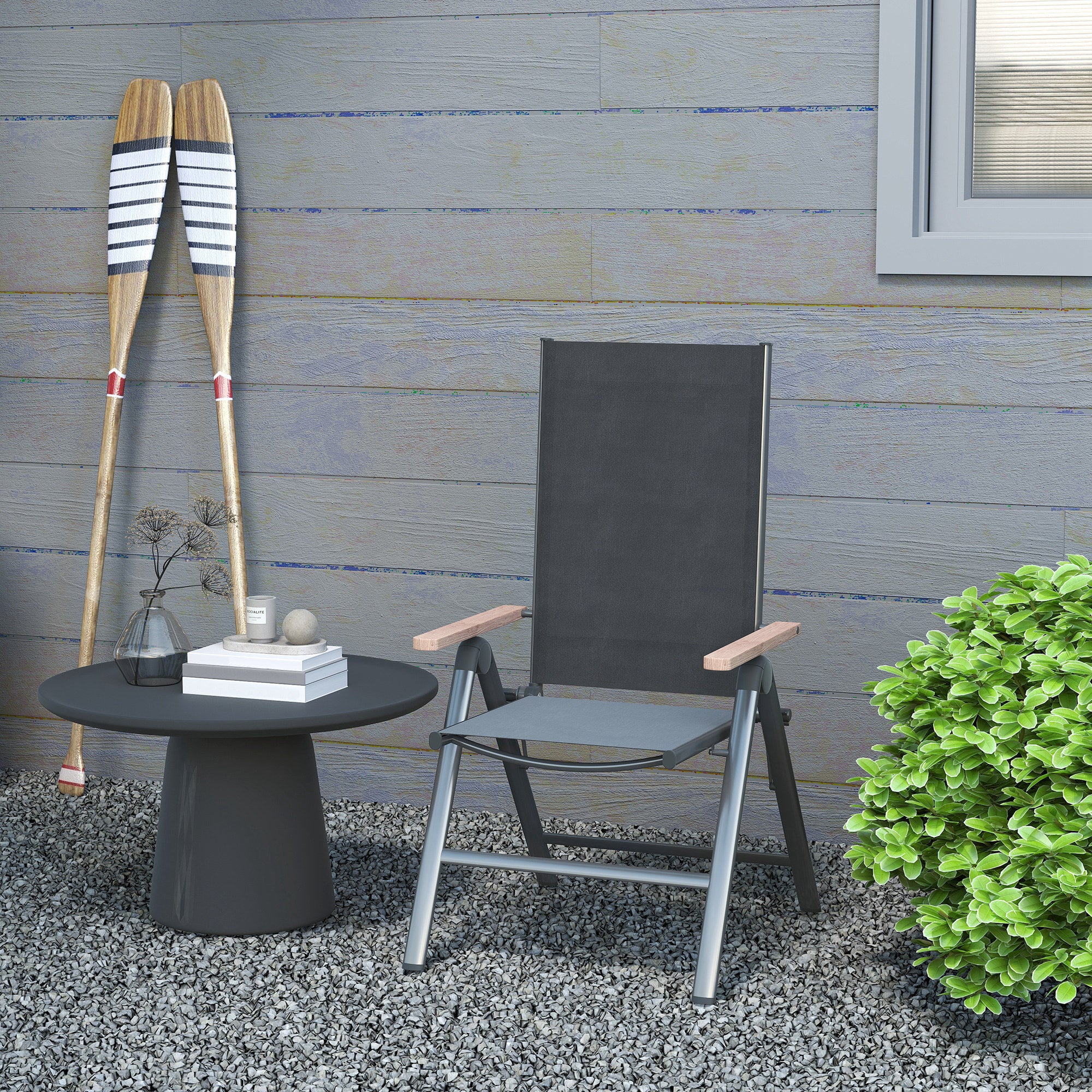 Steel Folding Garden Chair with Armrests, Foldable Balcony Chair Camping Chair 120kg Load Capacity High Backrest Terrace Chair for Garden, Balcony, 60 x 73 x 108cm Black