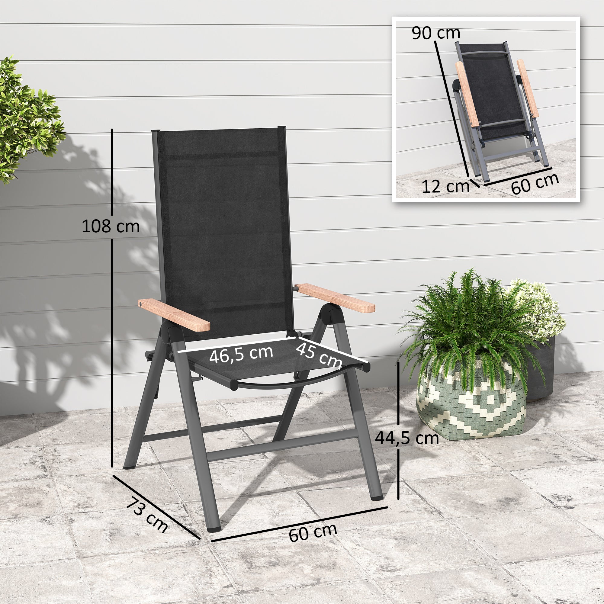 Steel Folding Garden Chair with Armrests, Foldable Balcony Chair Camping Chair 120kg Load Capacity High Backrest Terrace Chair for Garden, Balcony, 60 x 73 x 108cm Black
