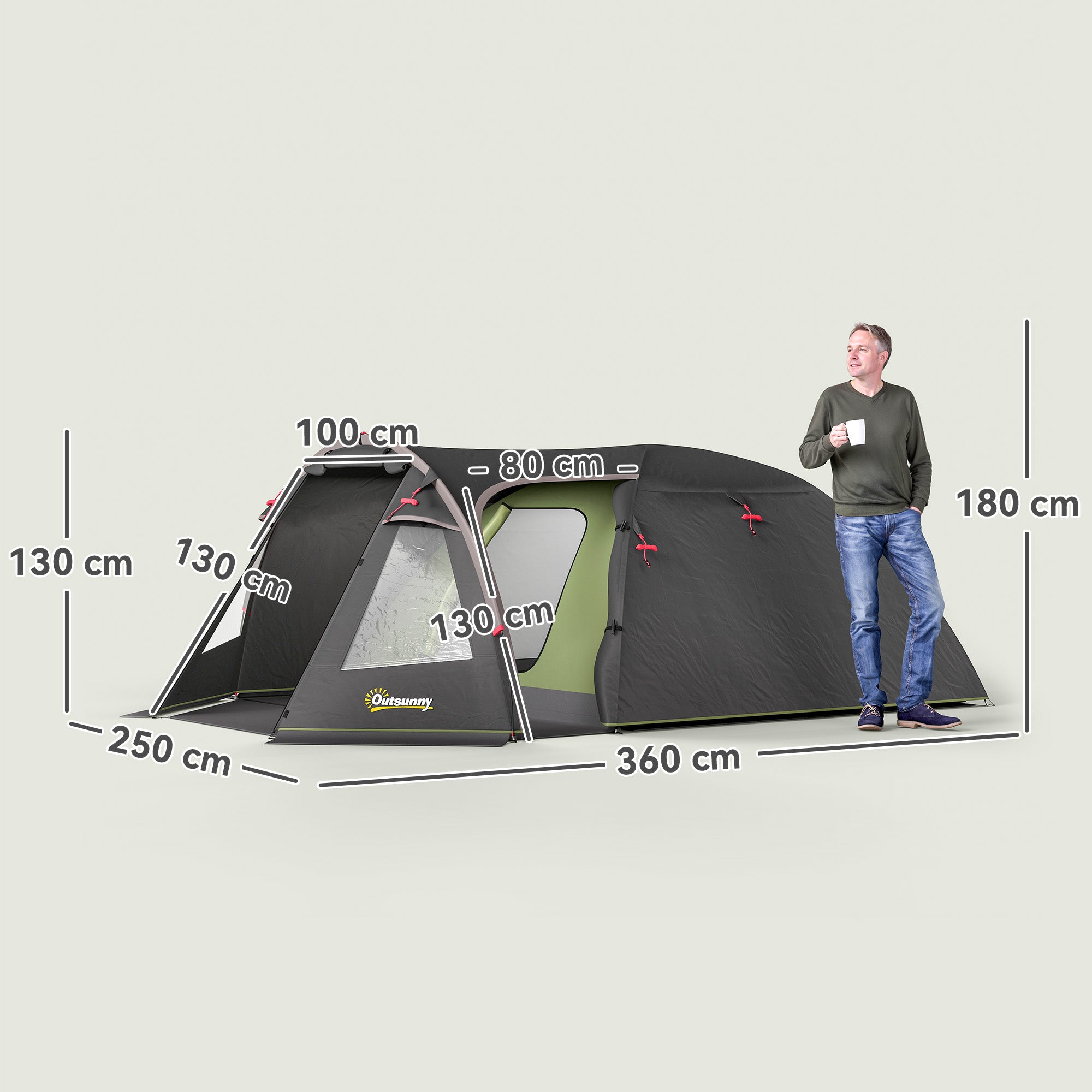 Family Camping Tent for 2-4 People, Waterproof Tunnel Tent 3000 mm with 3 Doors, Windows, Carry Bag, for Camping Travel Hiking Garden, Black