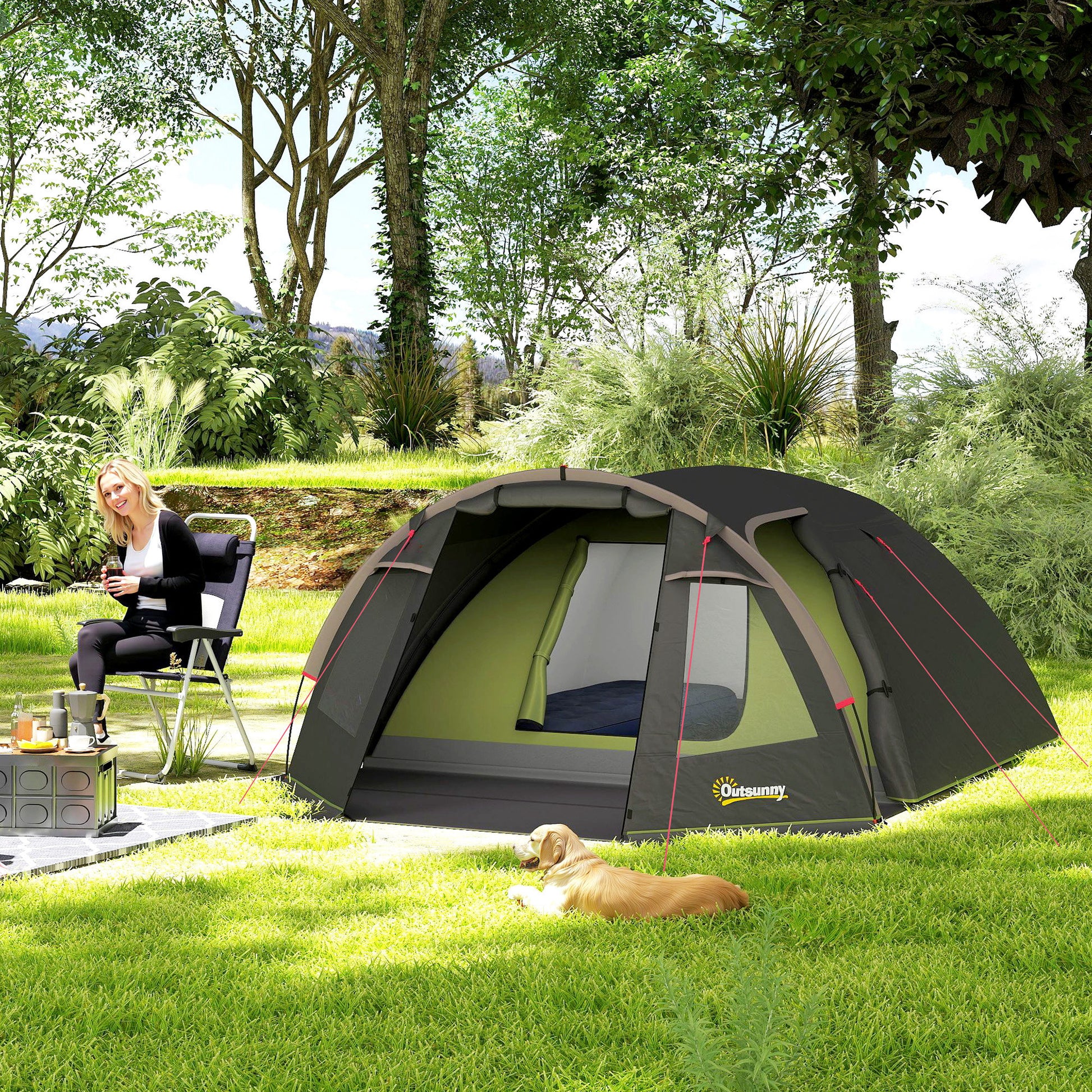 Family Camping Tent for 2-4 People, Waterproof Tunnel Tent 3000 mm with 3 Doors, Windows, Carry Bag, for Camping Travel Hiking Garden, Black