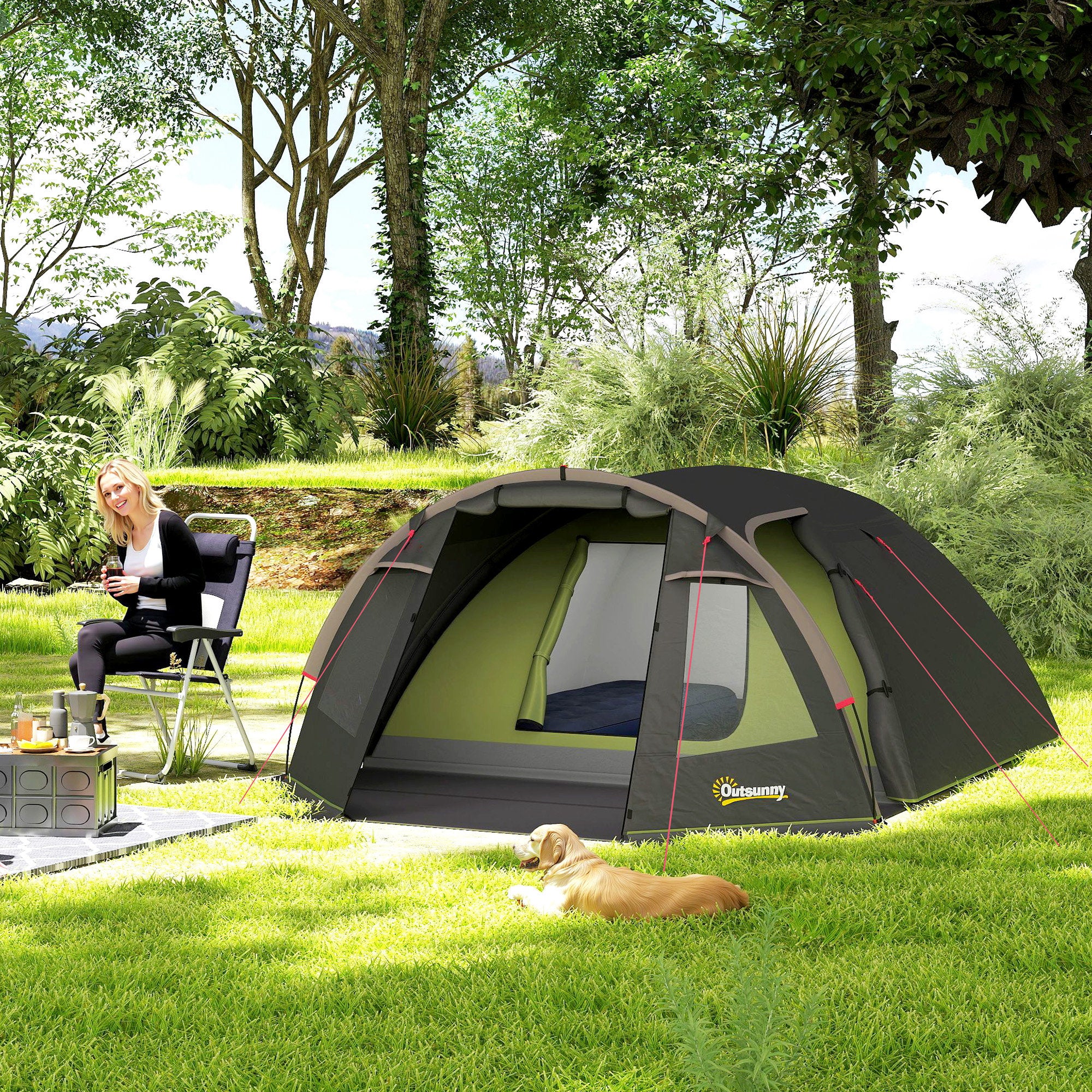 Family Camping Tent for 2-4 People, Waterproof Tunnel Tent 3000 mm with 3 Doors, Windows, Carry Bag, for Camping Travel Hiking Garden, Black
