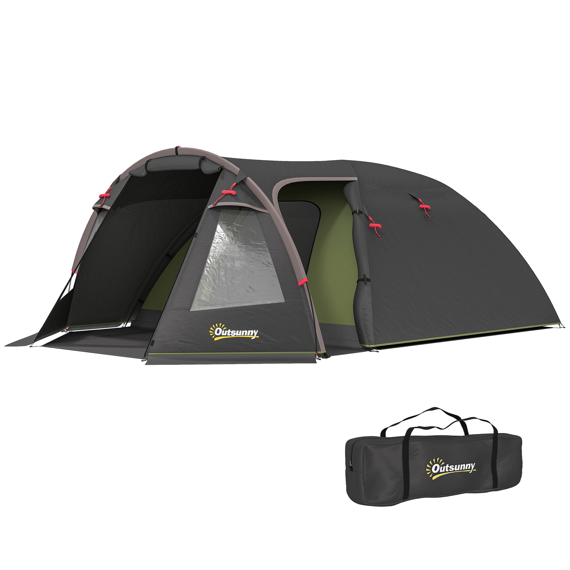 Family Camping Tent for 2-4 People, Waterproof Tunnel Tent 3000 mm with 3 Doors, Windows, Carry Bag, for Camping Travel Hiking Garden, Black