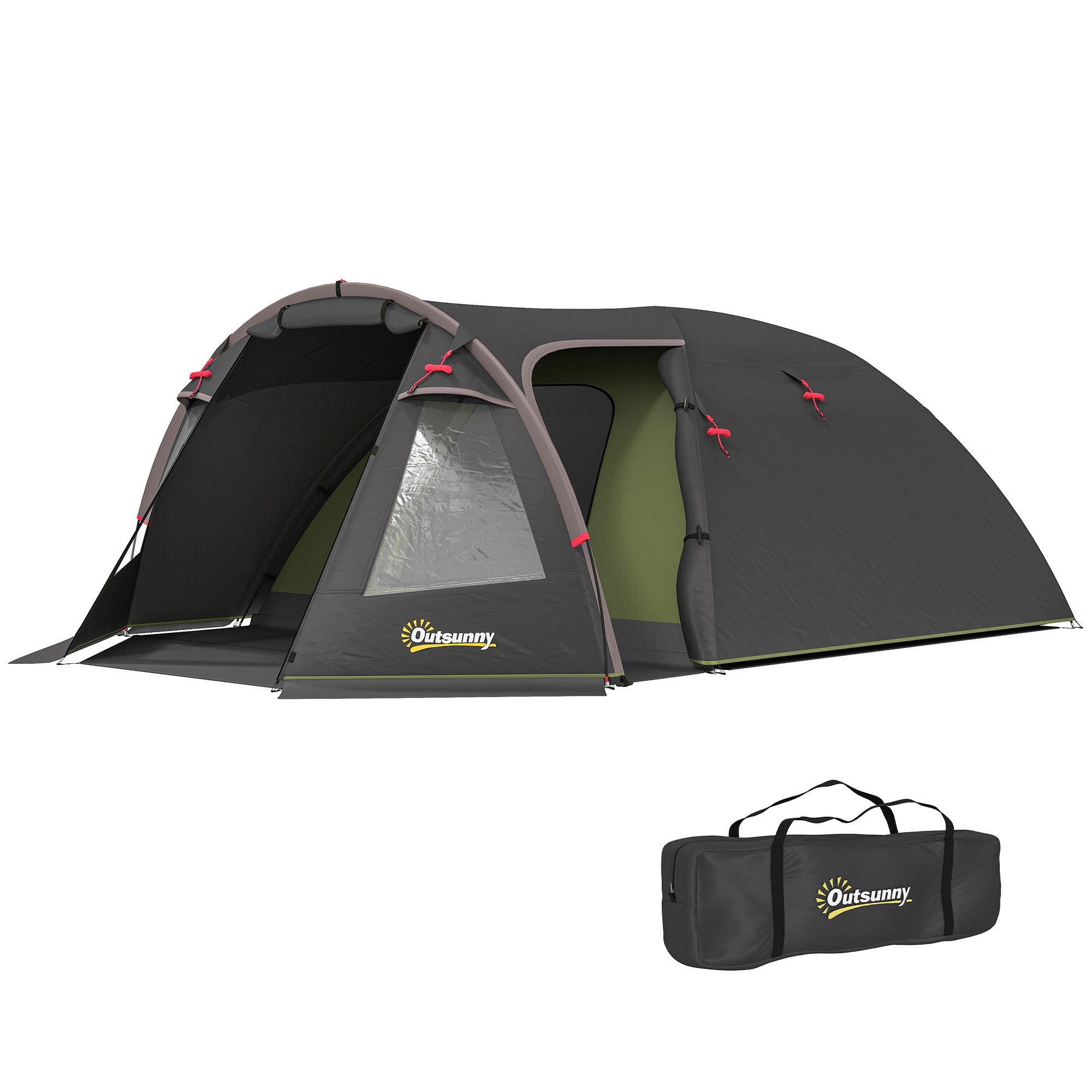 Family Camping Tent for 2-4 People, Waterproof Tunnel Tent 3000 mm with 3 Doors, Windows, Carry Bag, for Camping Travel Hiking Garden, Black