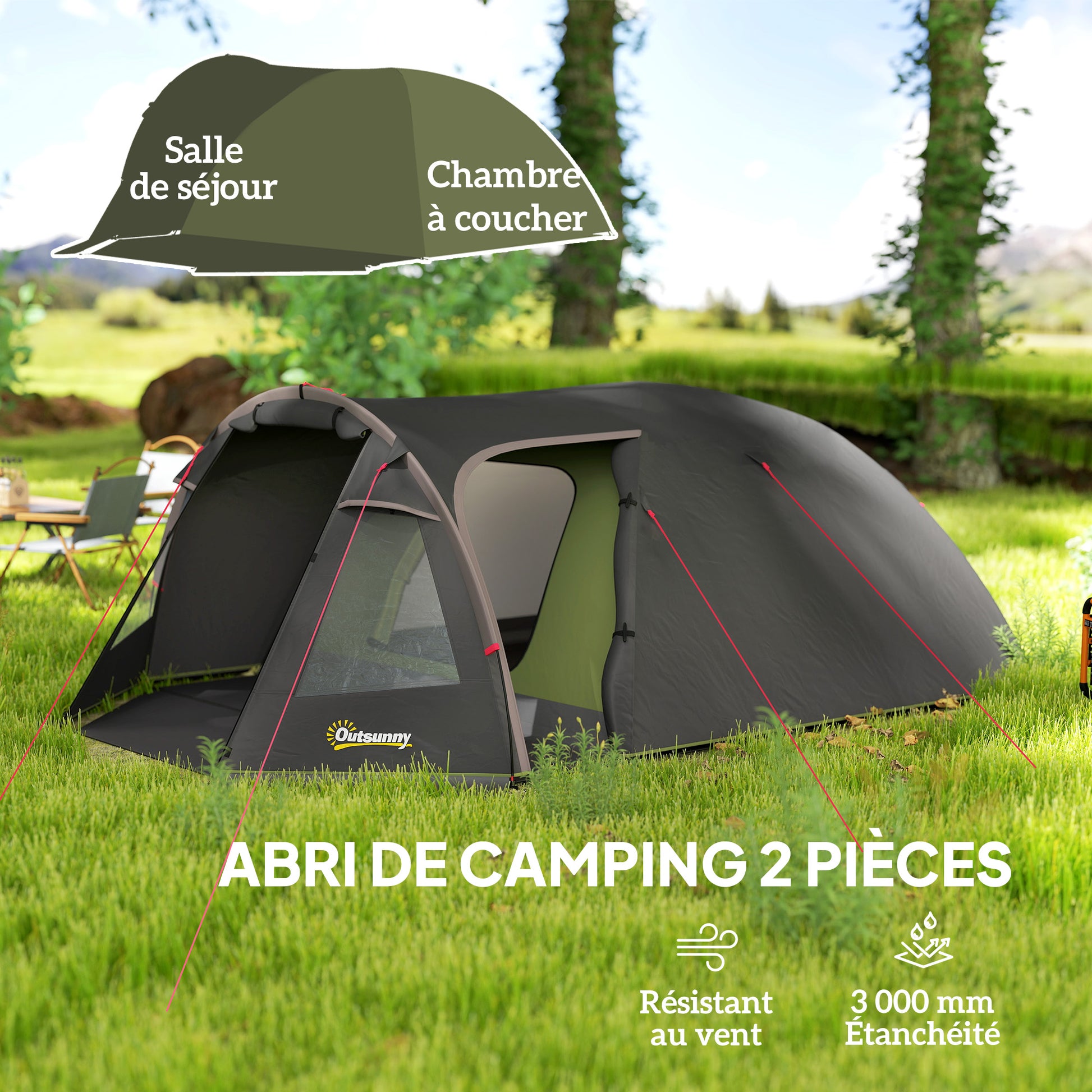 Family Camping Tent for 2-4 People, Waterproof Tunnel Tent 3000 mm with 3 Doors, Windows, Carry Bag, for Camping Travel Hiking Garden, Black