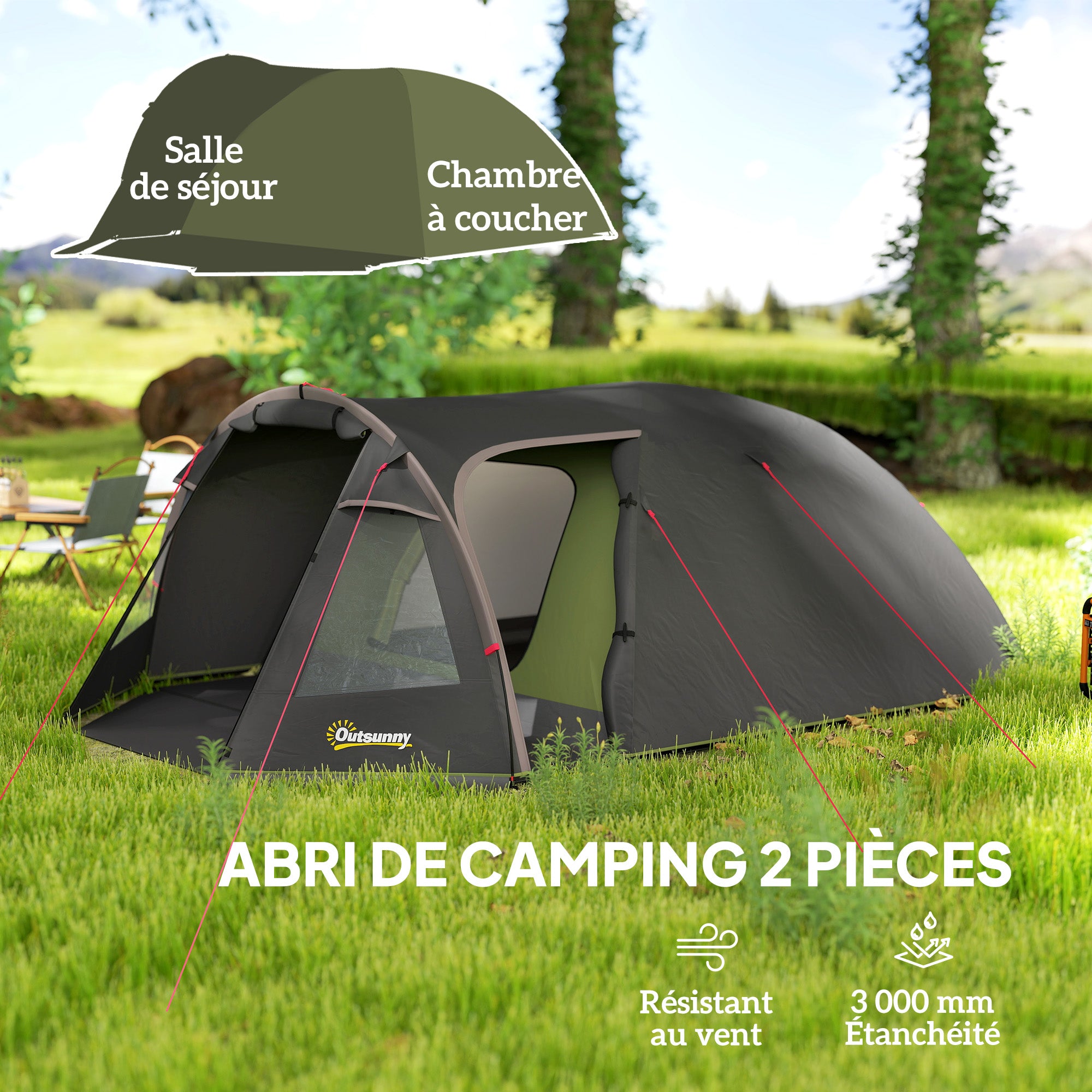 Family Camping Tent for 2-4 People, Waterproof Tunnel Tent 3000 mm with 3 Doors, Windows, Carry Bag, for Camping Travel Hiking Garden, Black