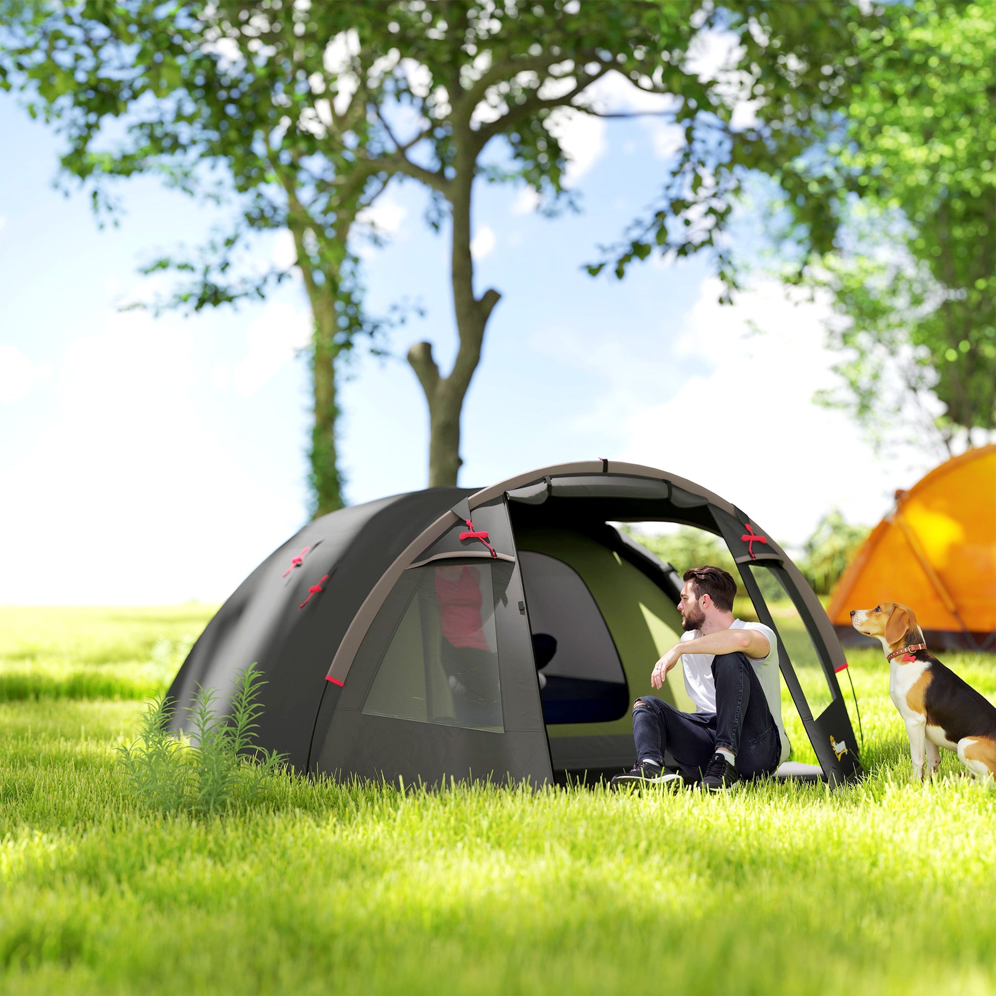 Family Camping Tent for 2-4 People, Waterproof Tunnel Tent 3000 mm with 3 Doors, Windows, Carry Bag, for Camping Travel Hiking Garden, Black