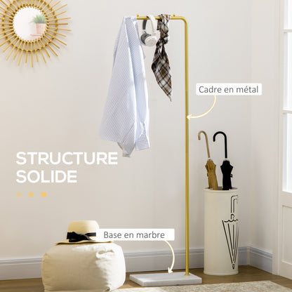 1.52m Clothes Rail with Metal Frame, Marble Base, Free Standing Coat Rack for Hats, Coats, and Bags, for Entryway, Bedroom, Hallway, Gold and White