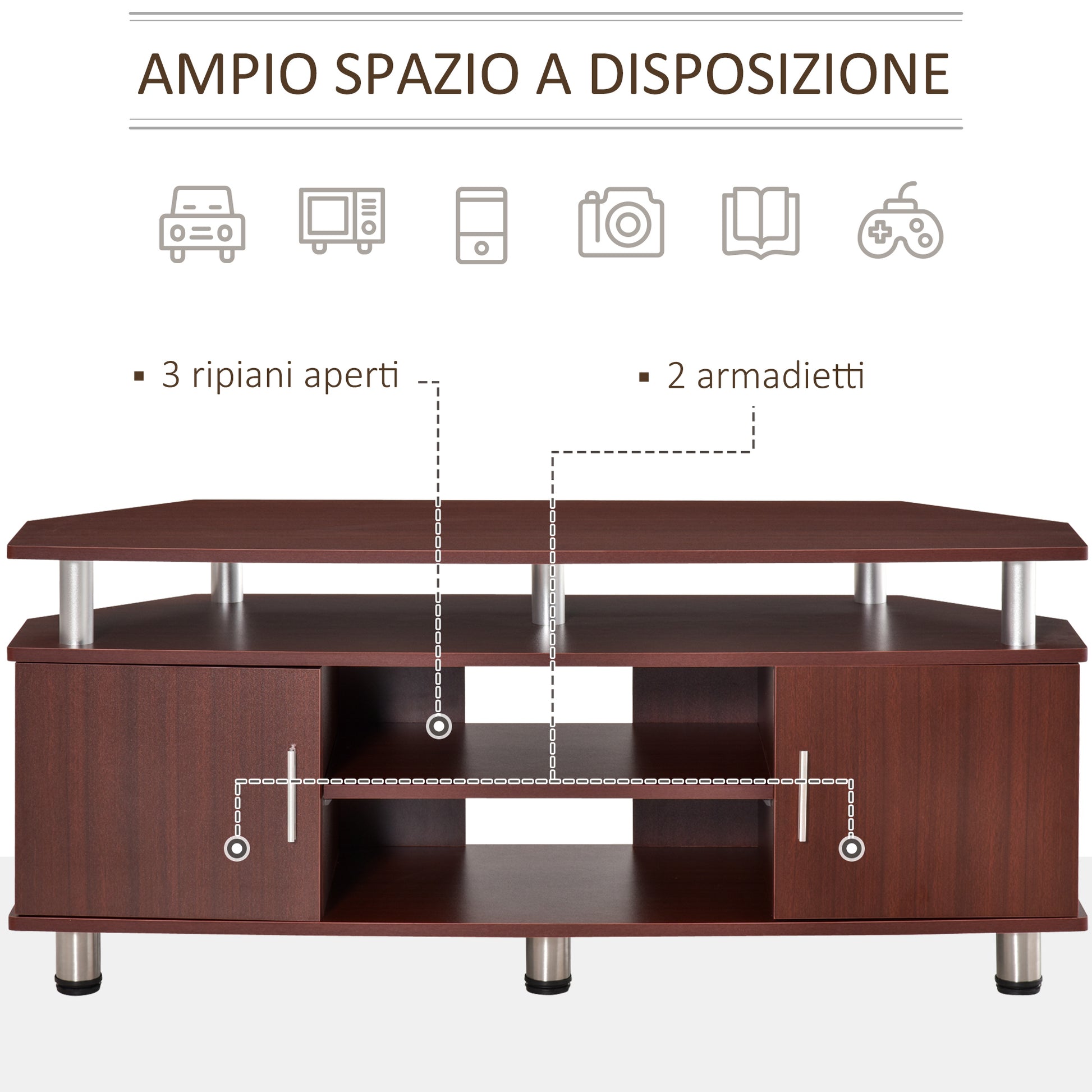 Classic TV Stand for Living Room with 2 Shelves and 2 Cabinets, in MDF and Stainless Steel, Brown, 120x39.5x52cm