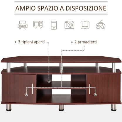 Classic TV Stand for Living Room with 2 Shelves and 2 Cabinets, in MDF and Stainless Steel, Brown, 120x39.5x52cm
