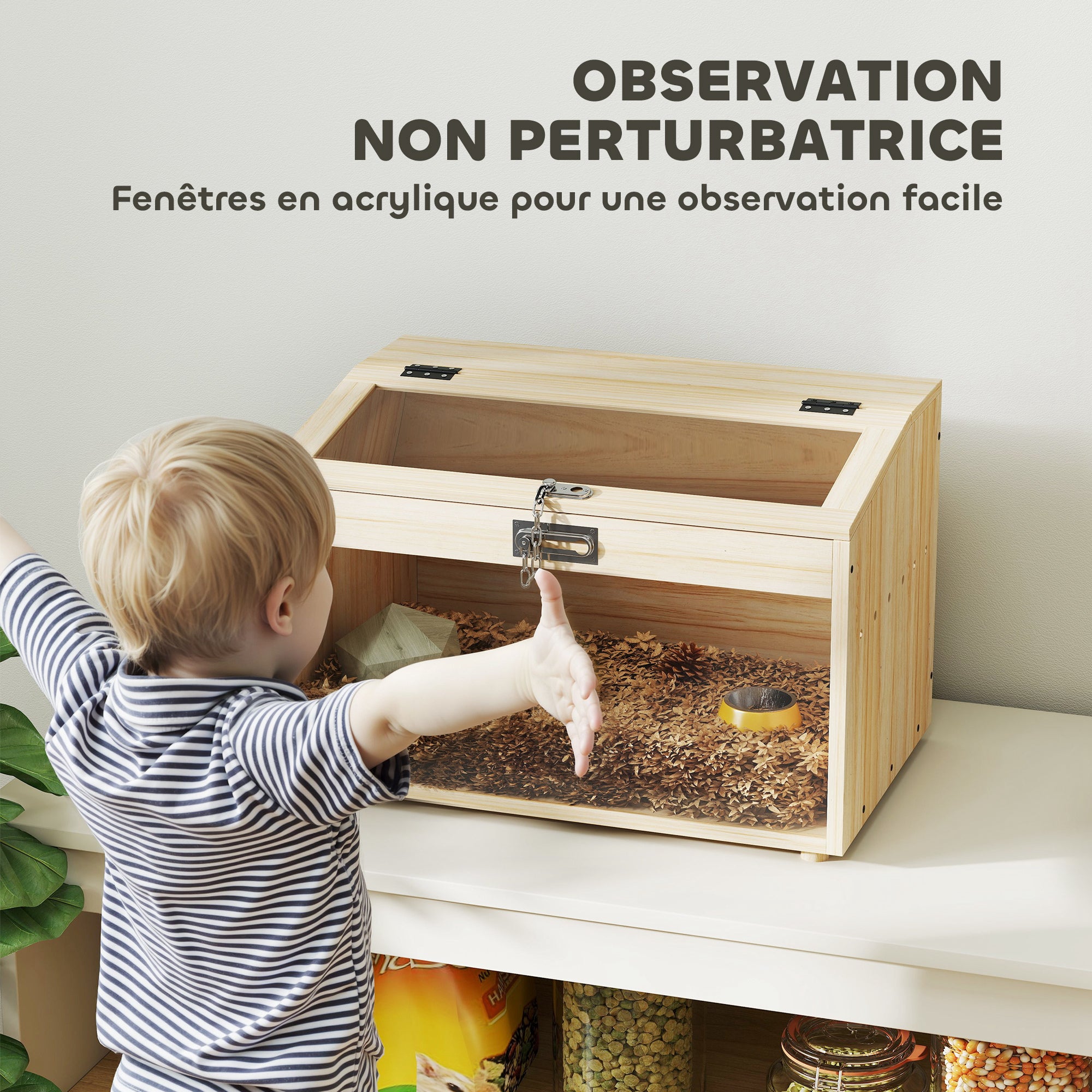 Wooden Hamster Cage, Mouse Cage with Openable Lid, Acrylic Window, and Ventilation Holes for Dwarf Hamsters and Gerbils, 55 x 35 x 35 cm, Natural Wood Effect