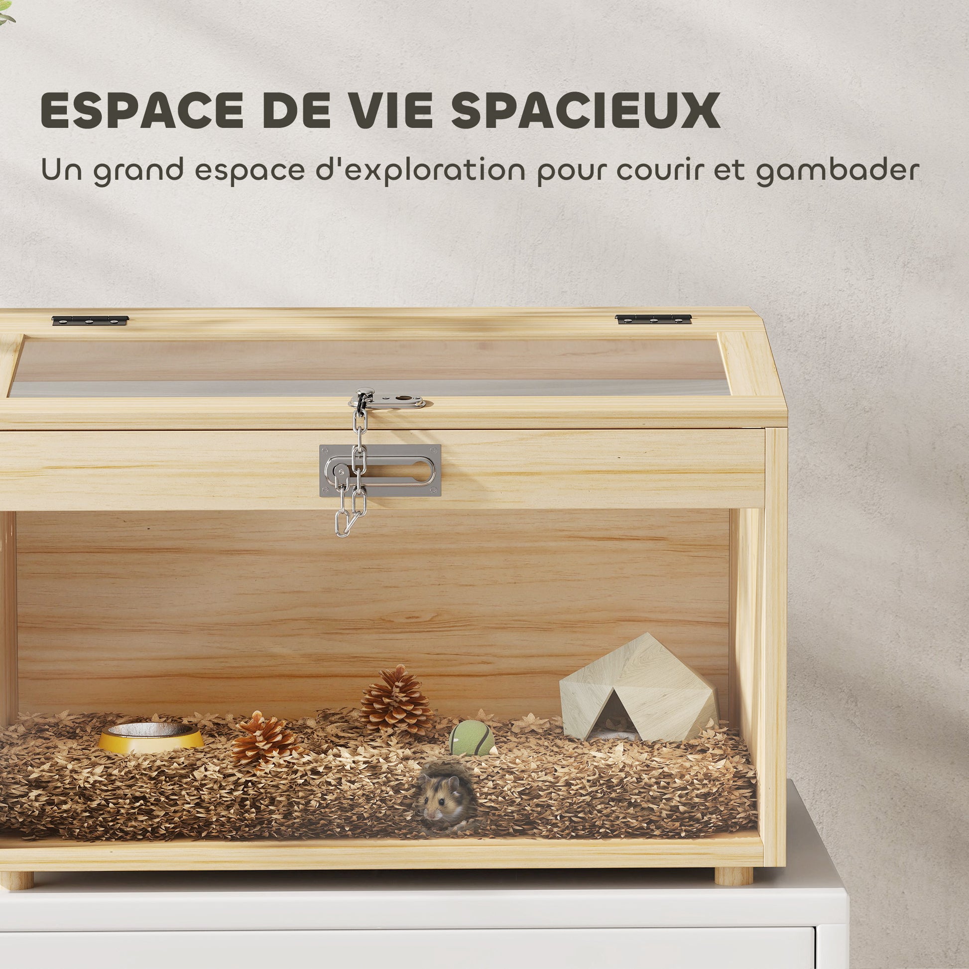 Wooden Hamster Cage, Mouse Cage with Openable Lid, Acrylic Window, and Ventilation Holes for Dwarf Hamsters and Gerbils, 55 x 35 x 35 cm, Natural Wood Effect