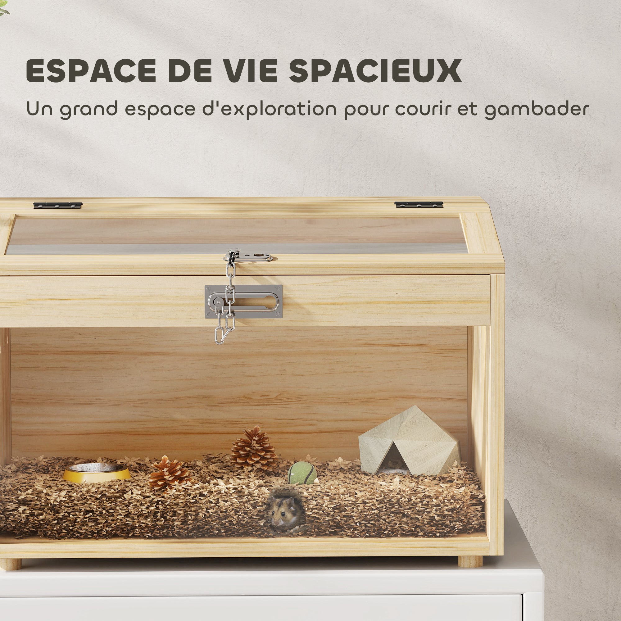 Wooden Hamster Cage, Mouse Cage with Openable Lid, Acrylic Window, and Ventilation Holes for Dwarf Hamsters and Gerbils, 55 x 35 x 35 cm, Natural Wood Effect