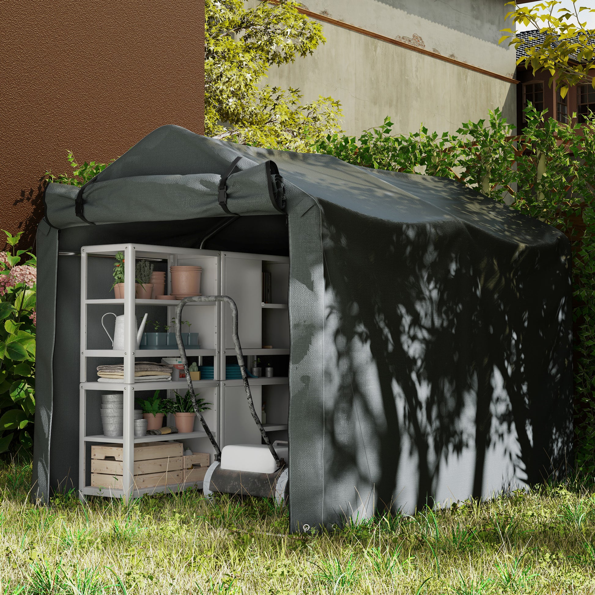 Garden Shelter 2 x 1.6 x 1.65m, Outdoor Bike Shelter with Galvanized Metal Frame, Waterproof and UV Resistant, Storage Tent for Bike, Motorcycle, Tools, Dark Gray